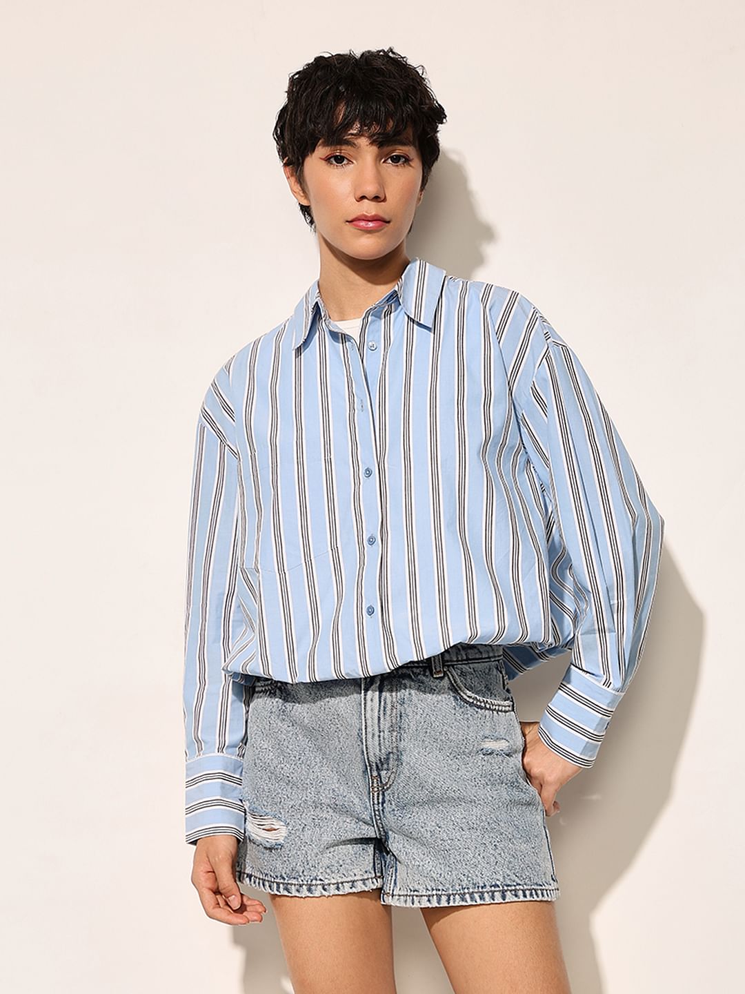 Blue Striped Cropped Shirt