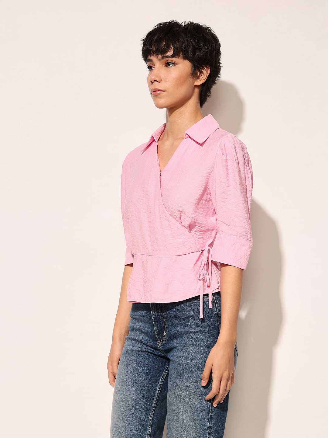 Pink Cropped Wrap Top