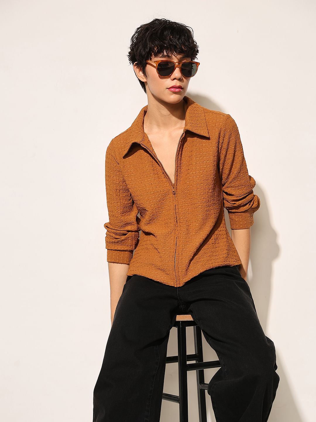 Brown Crinkle Jersey Shirt