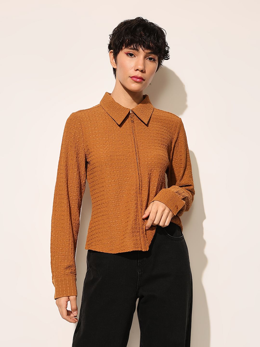 Brown Crinkle Jersey Shirt