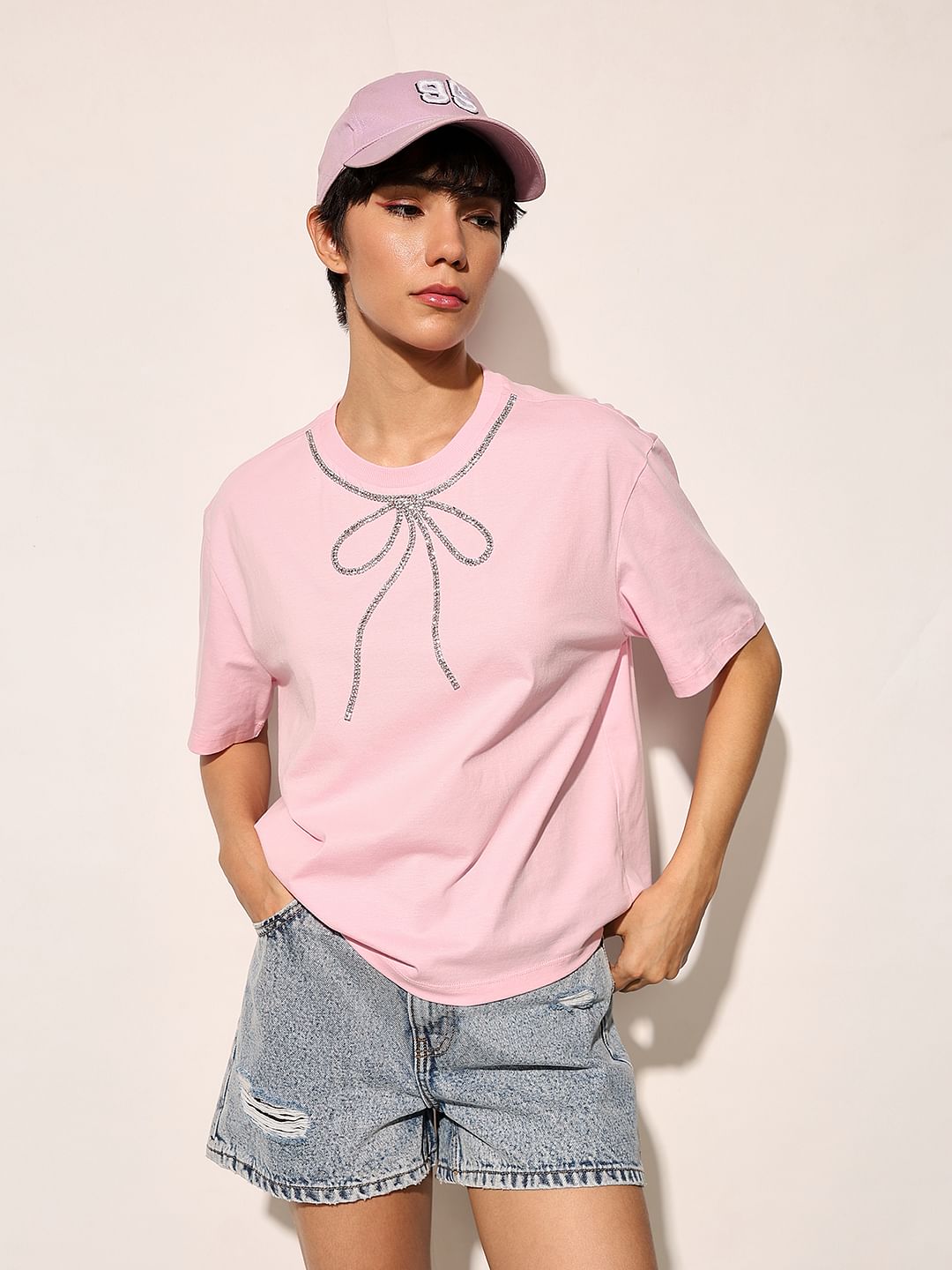 Pink Rhinestone Bow T-Shirt - XS