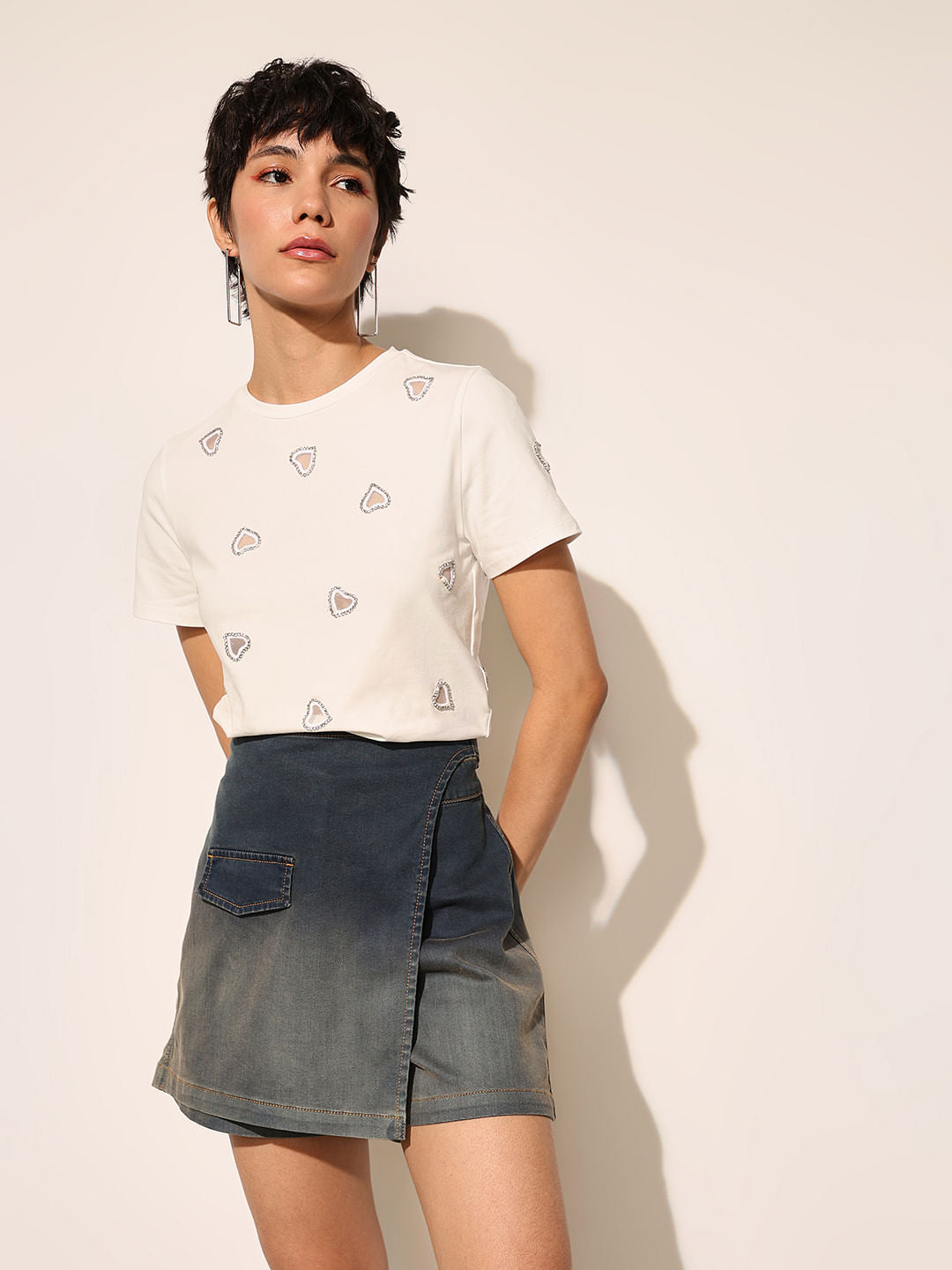 White Cut-Work Rhinestone T-Shirt