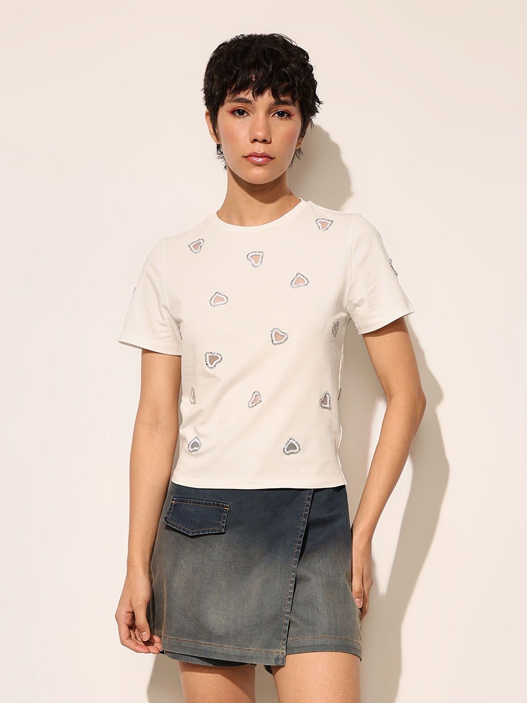 White Cut-Work Rhinestone T-Shirt
