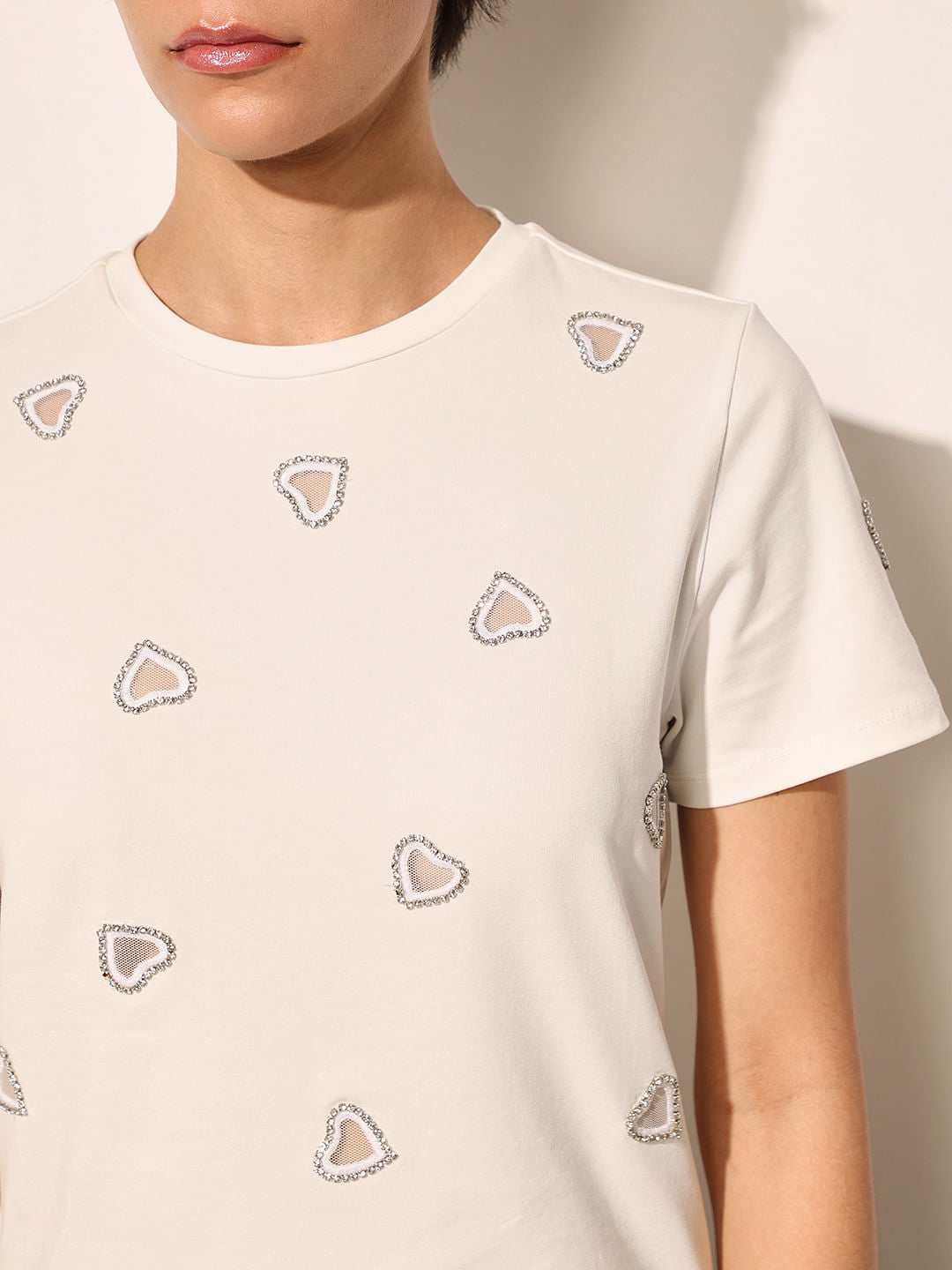 White Cut-Work Rhinestone T-Shirt