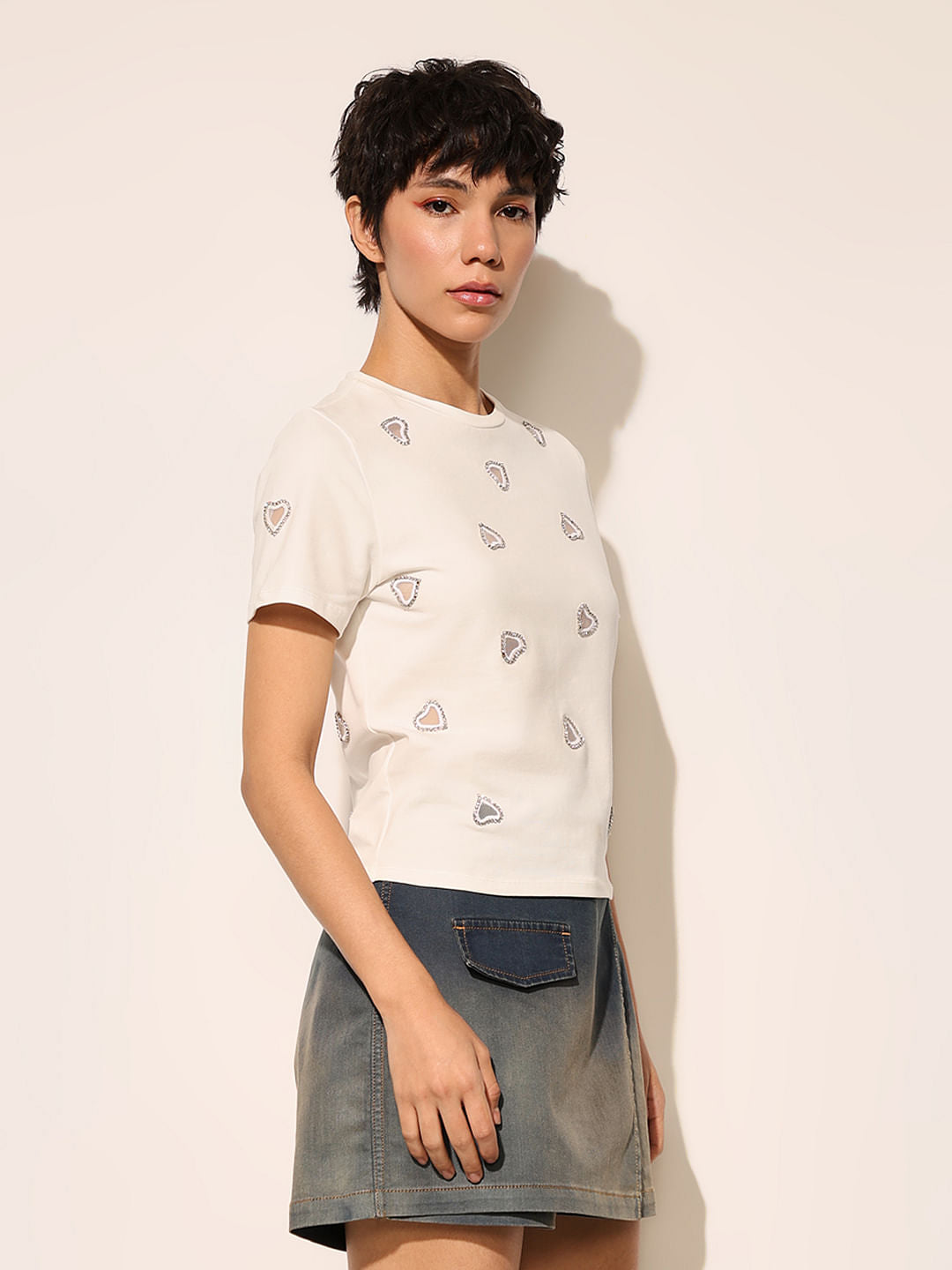 White Cut-Work Rhinestone T-Shirt