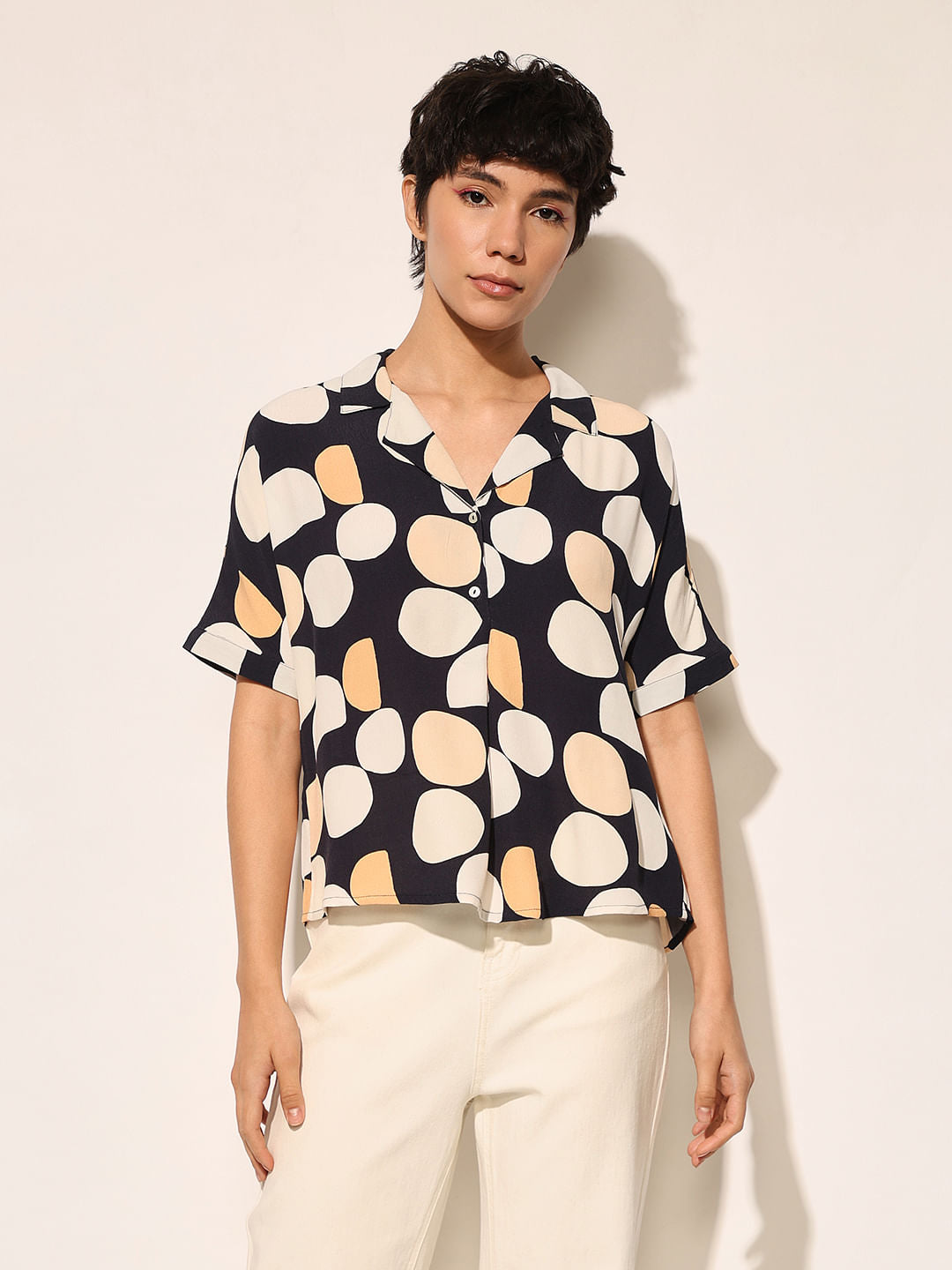 Navy Blue Printed Viscose Shirt