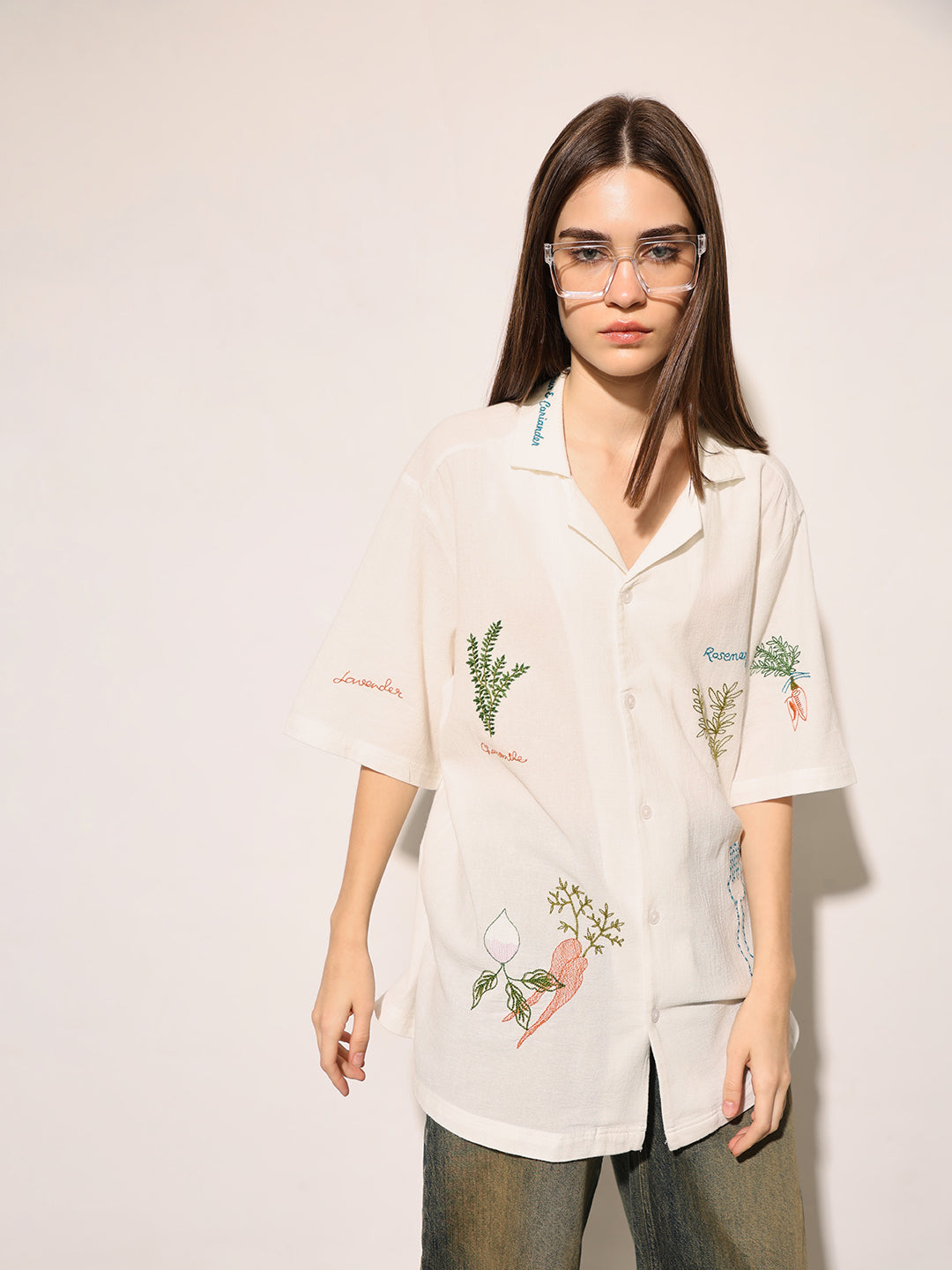 White Printed Cotton Oversized Shirt