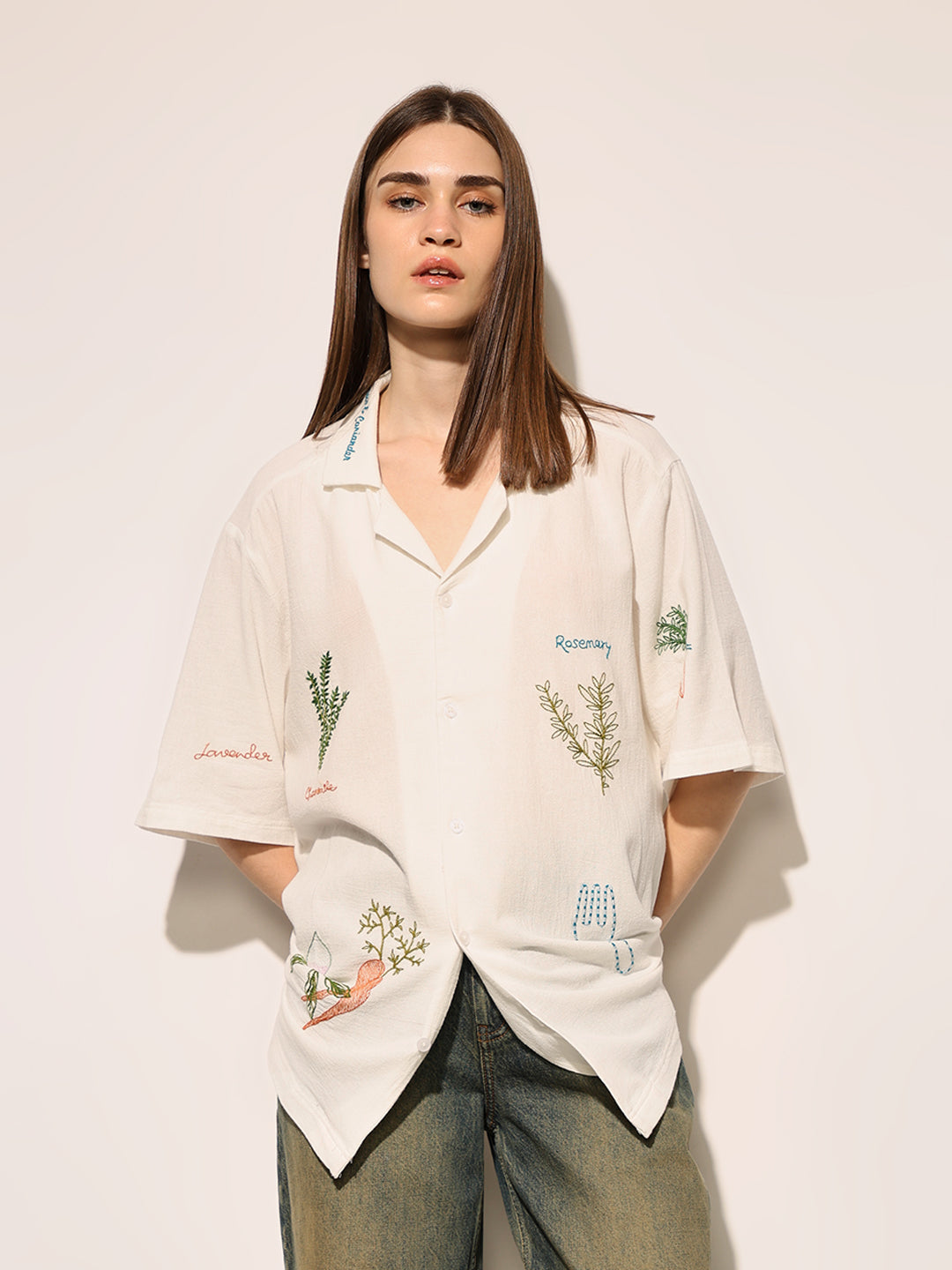 White Printed Cotton Oversized Shirt