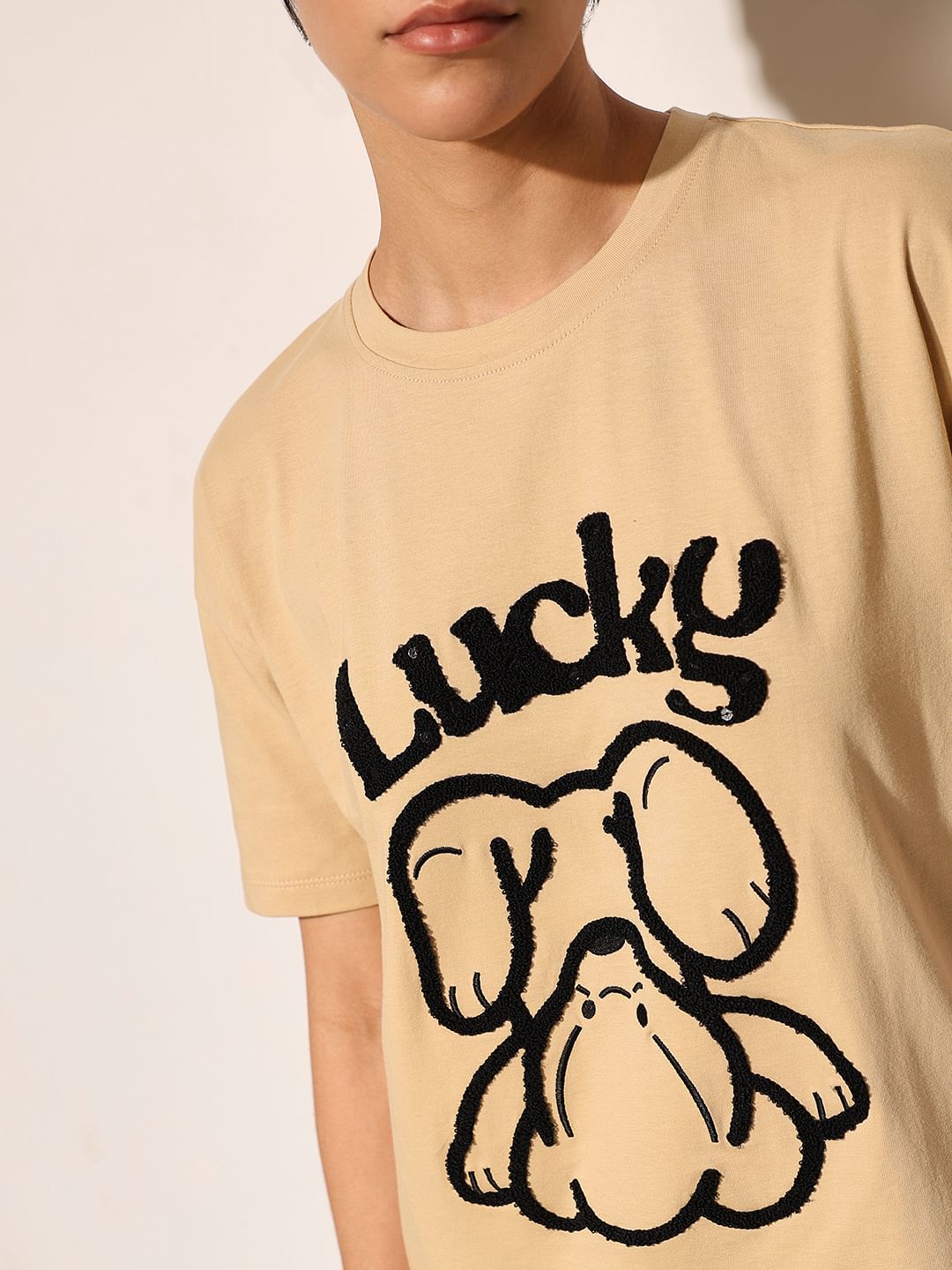 Beige Printed Cotton T-Shirt