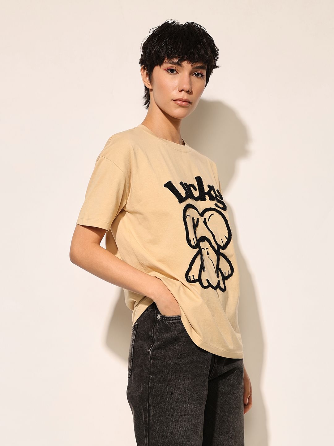 Beige Printed Cotton T-Shirt