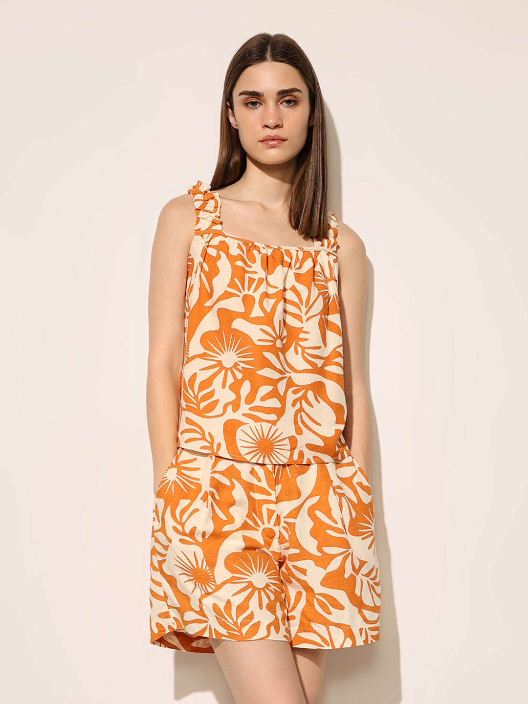 Orange Printed Strappy TOP