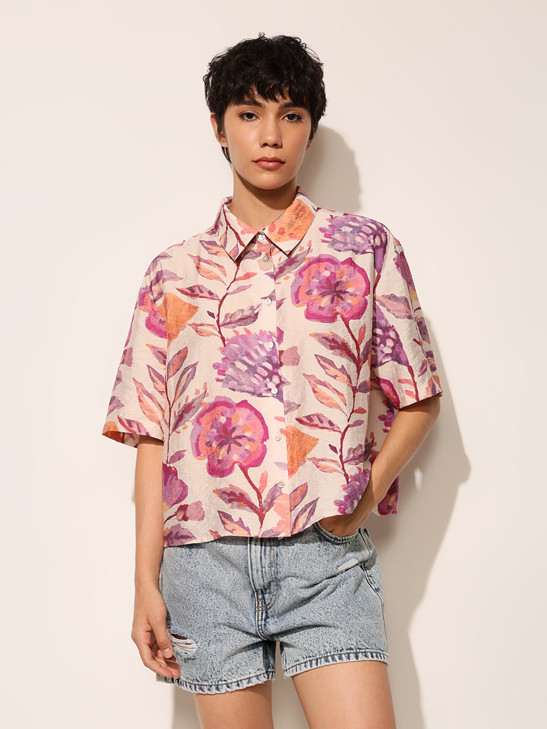 Pink Floral Print Cropped Shirt