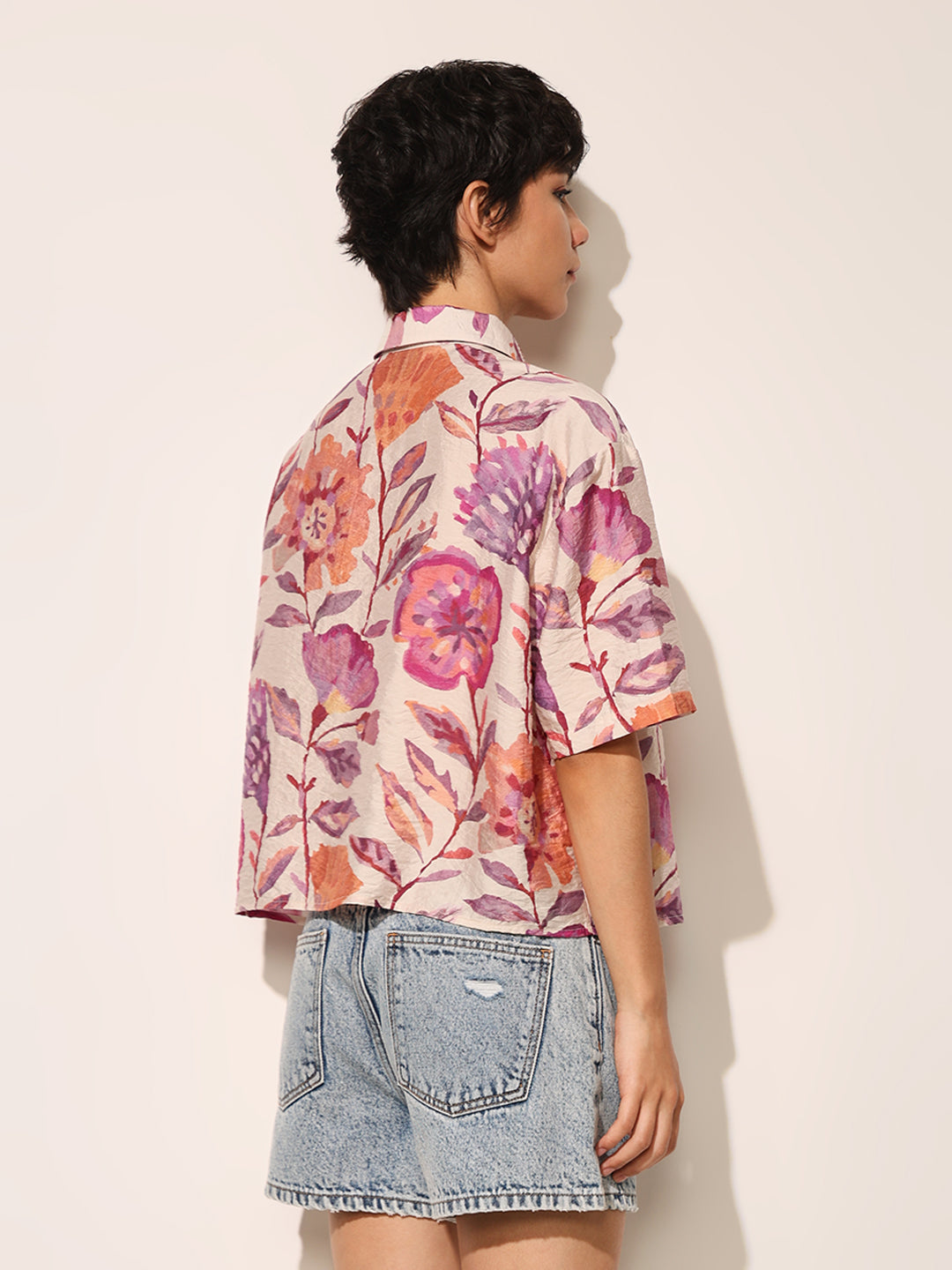 Pink Floral Print Cropped Shirt