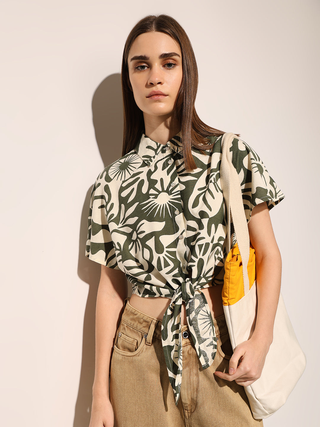 Green Printed Cropped Shirt