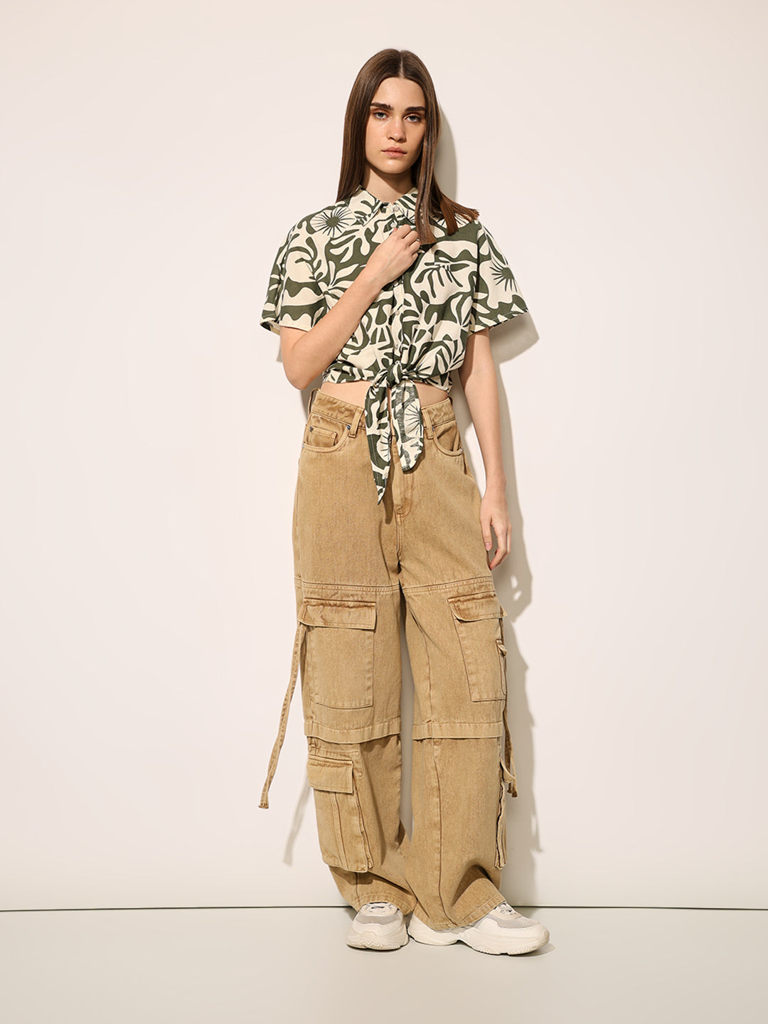 Green Printed Cropped Shirt