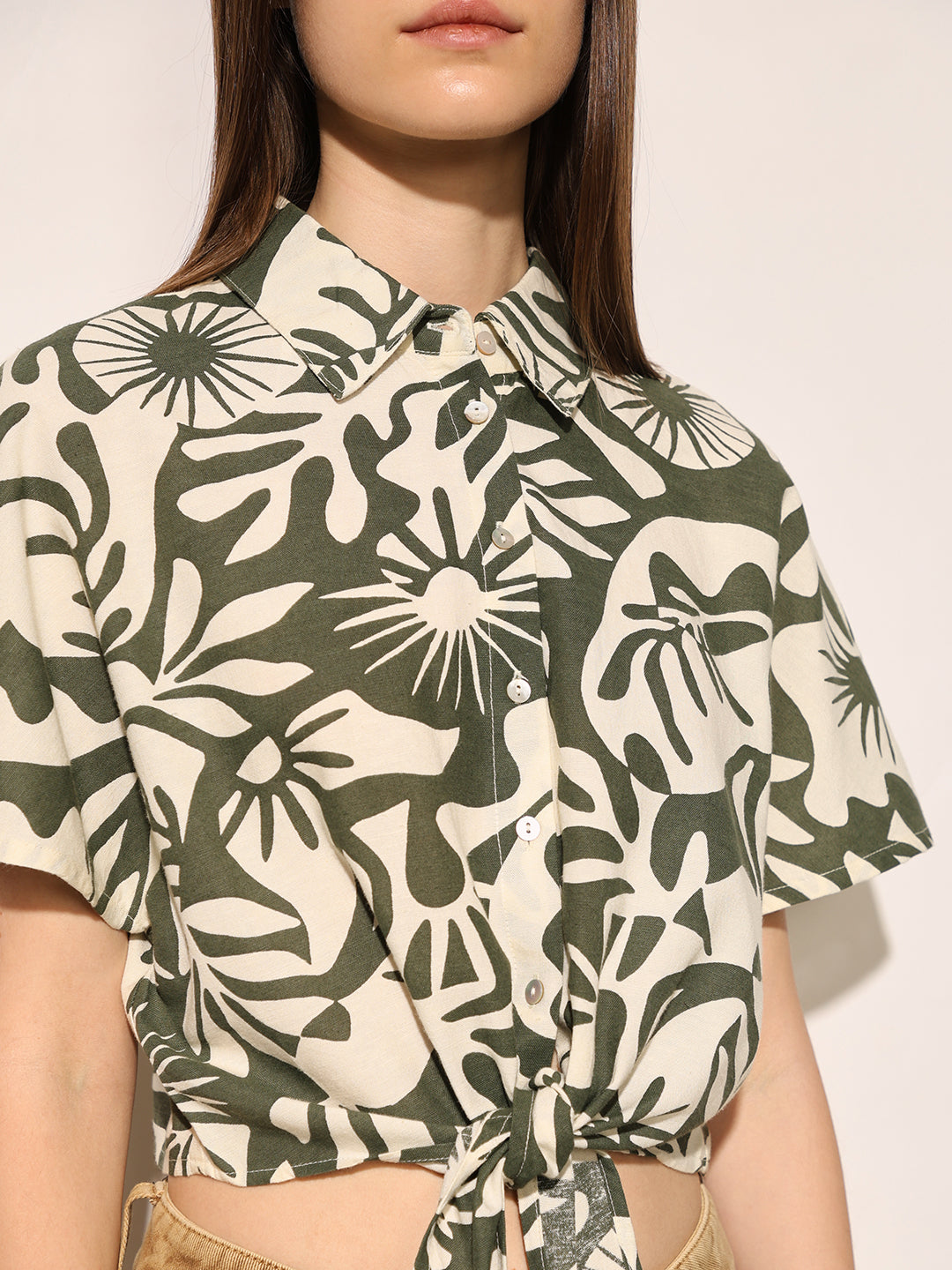 Green Printed Cropped Shirt