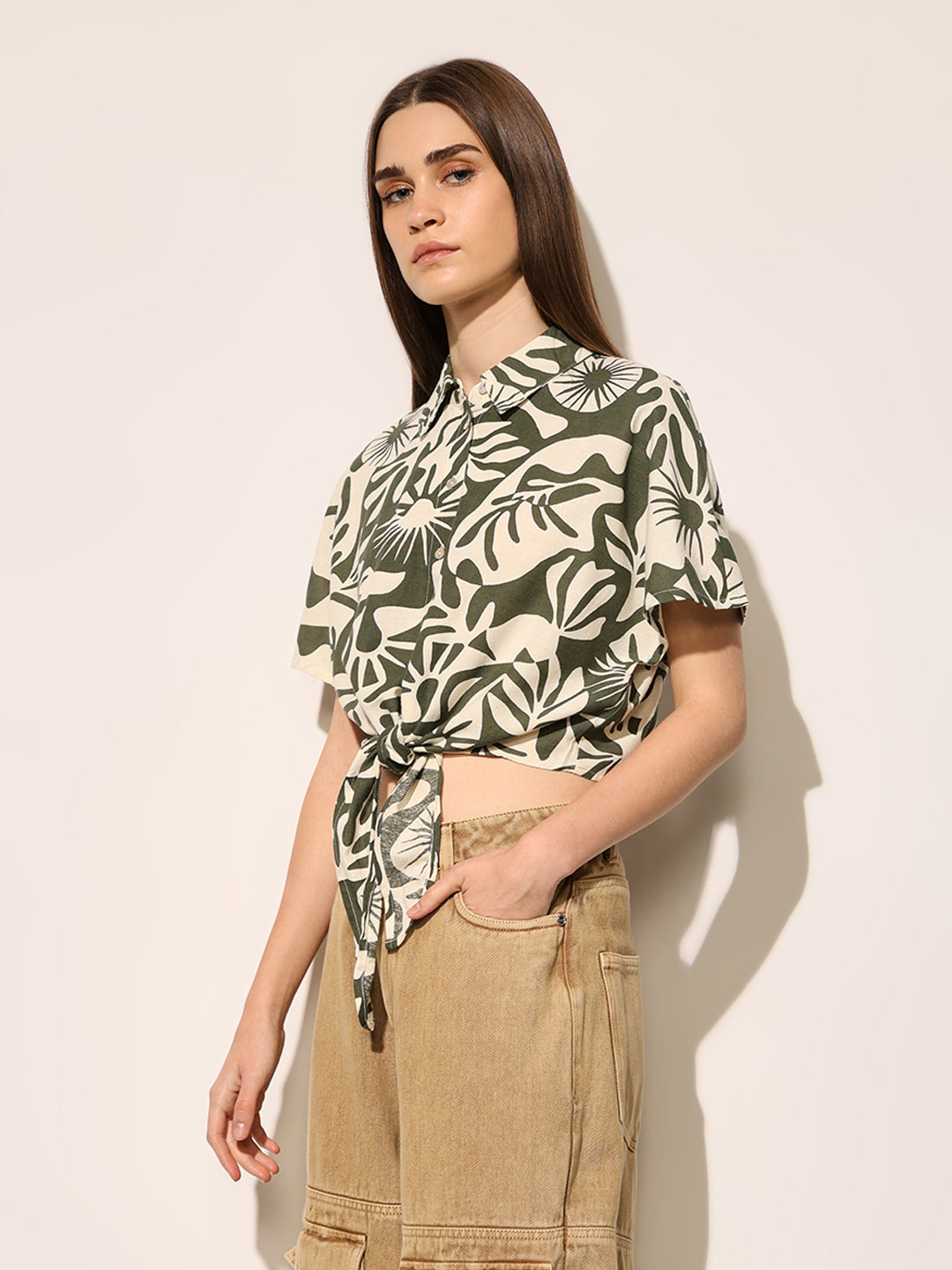 Green Printed Cropped Shirt