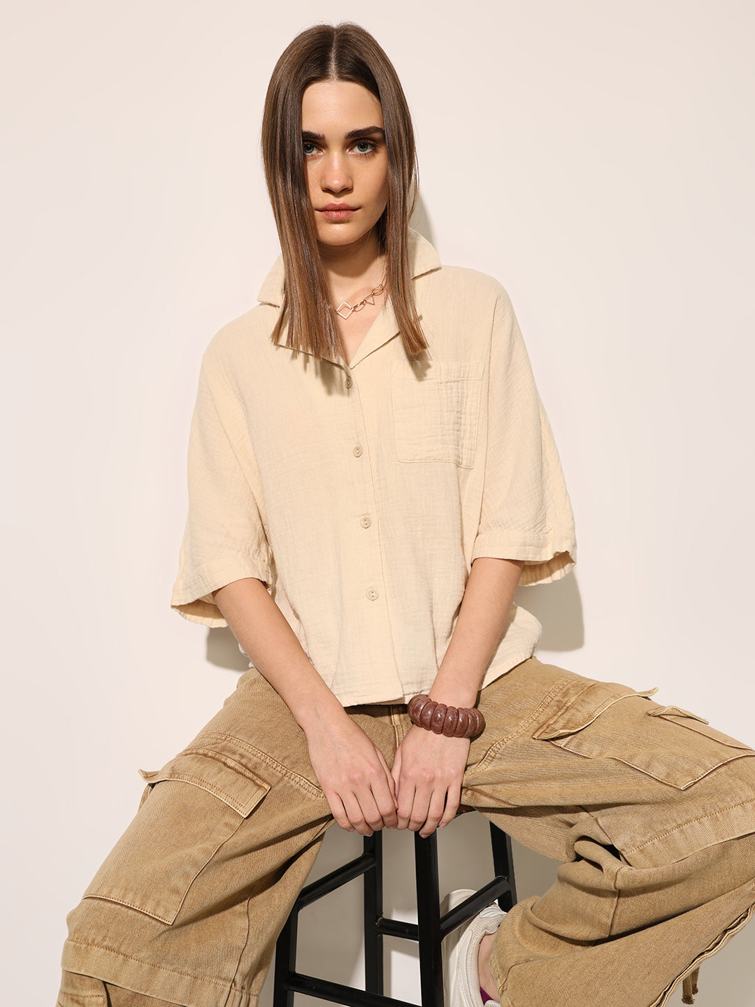 Beige Boxy Fit Cotton Shirt