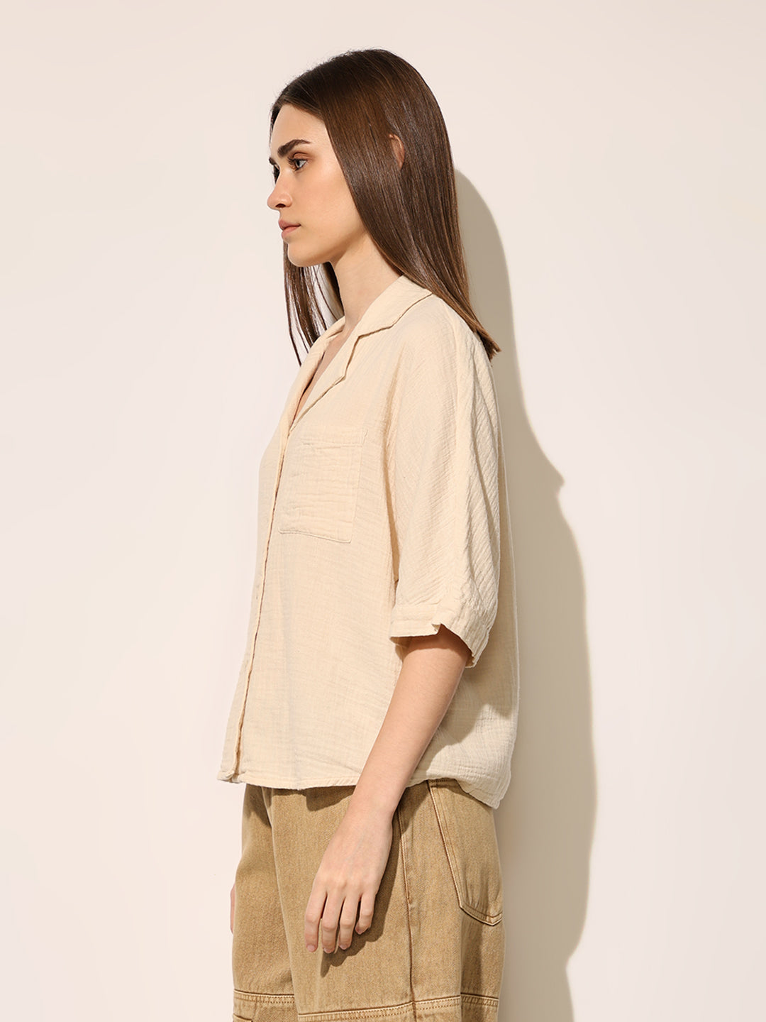 Beige Boxy Fit Cotton Shirt