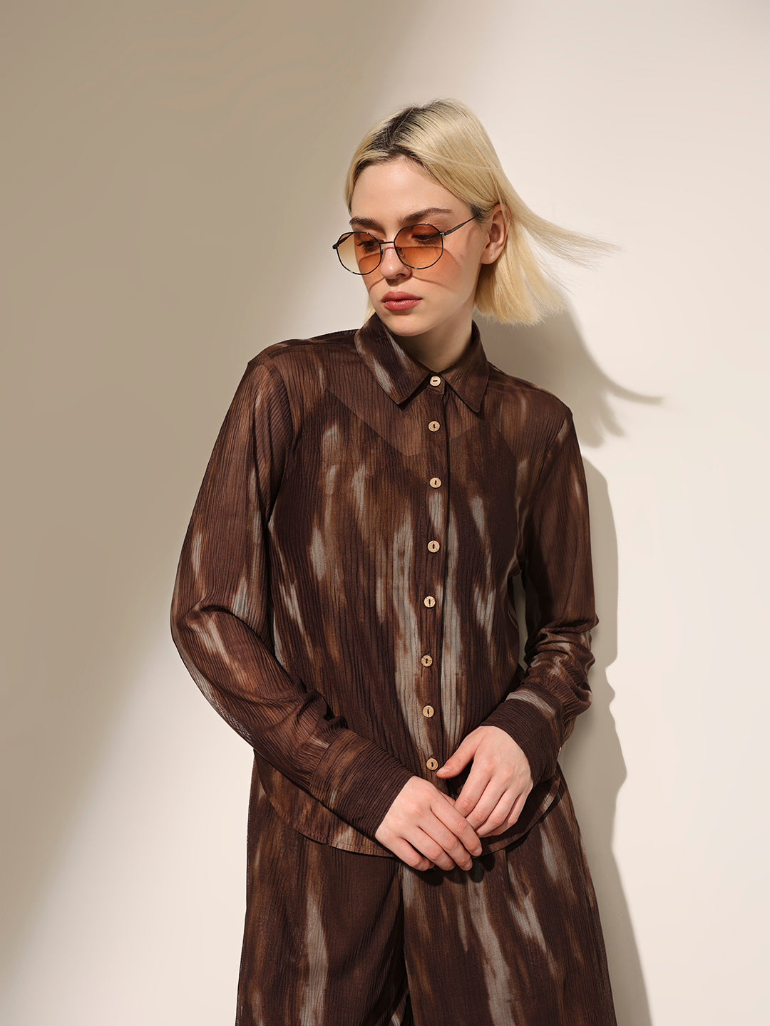 Brown Printed Semi-Sheer Shirt
