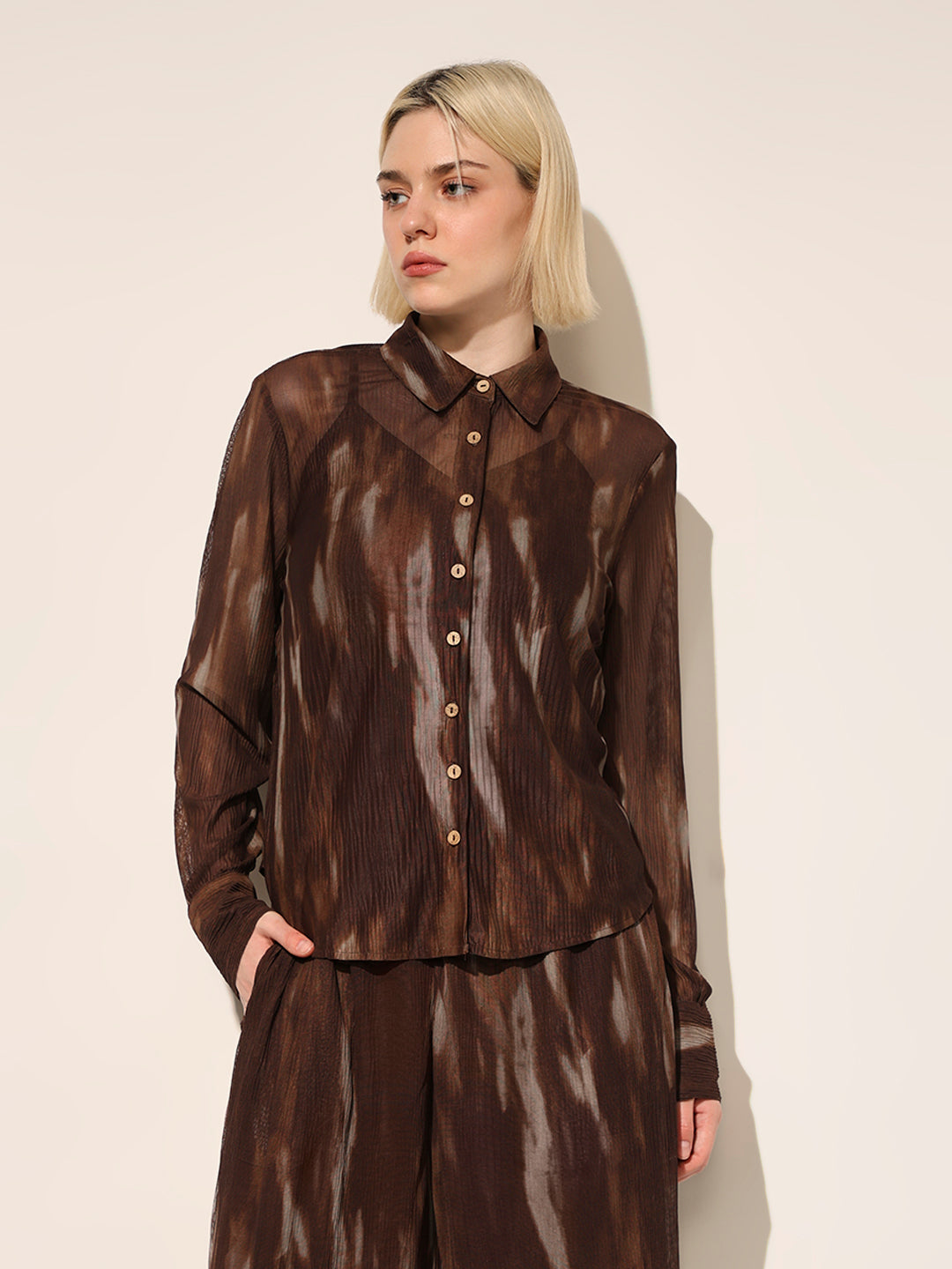 Brown Printed Semi-Sheer Shirt