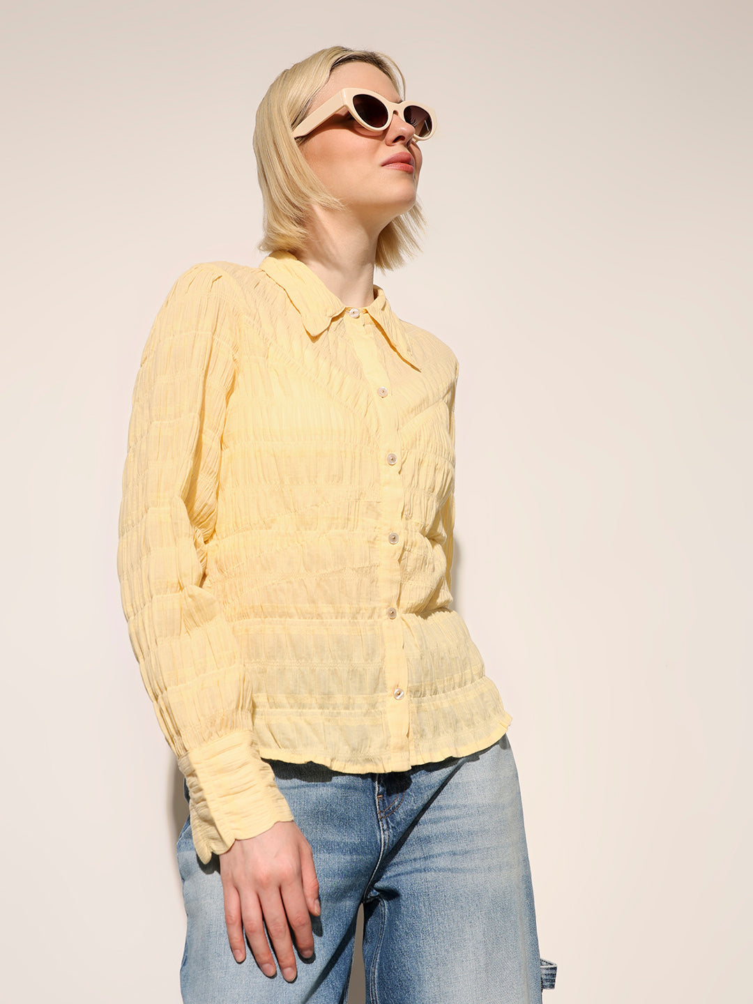 Yellow Fitted Smocked Shirt