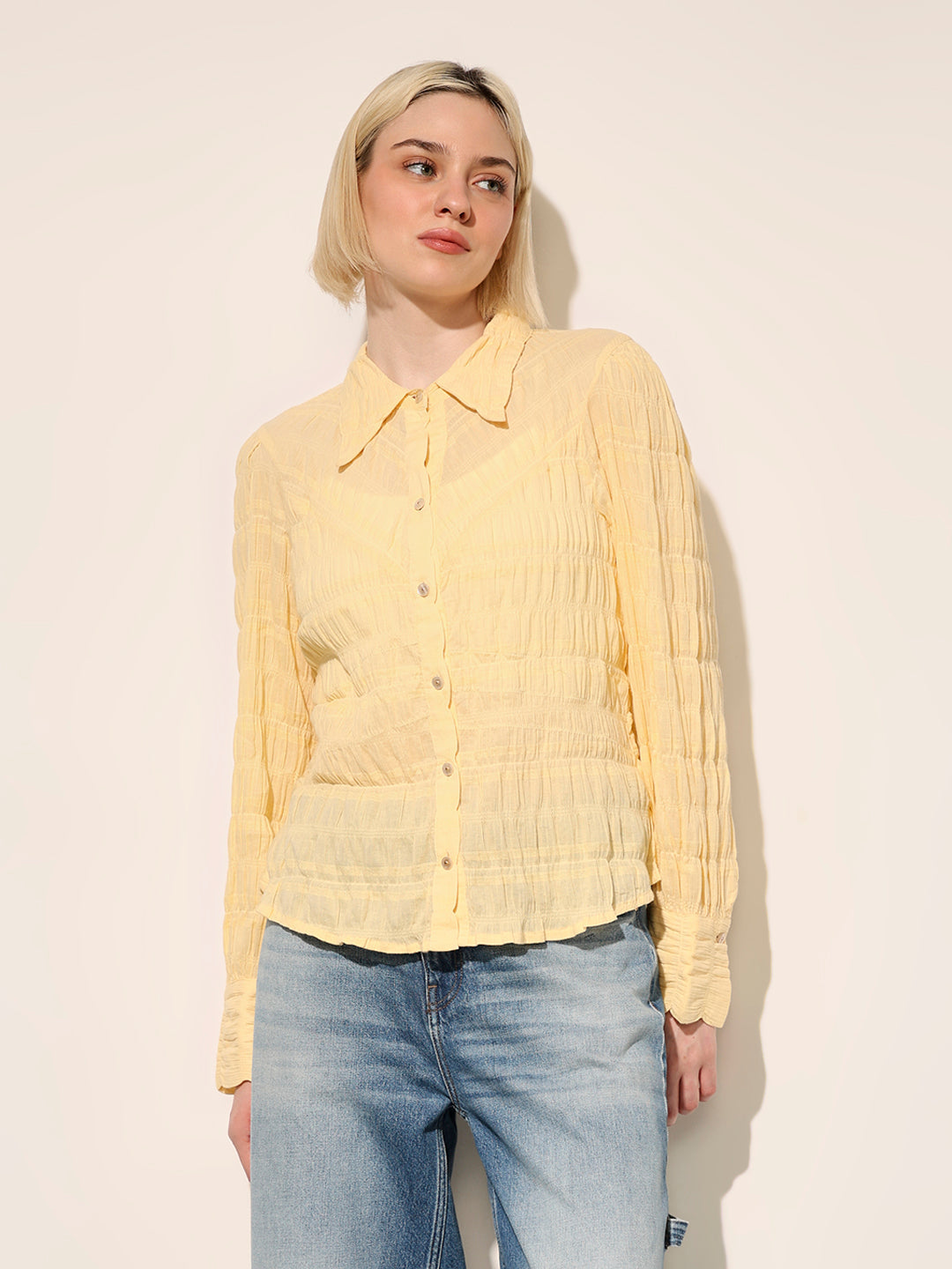 Yellow Fitted Smocked Shirt