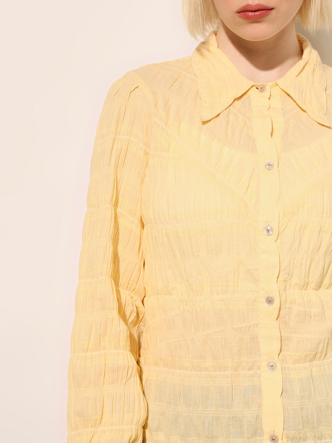 Yellow Fitted Smocked Shirt