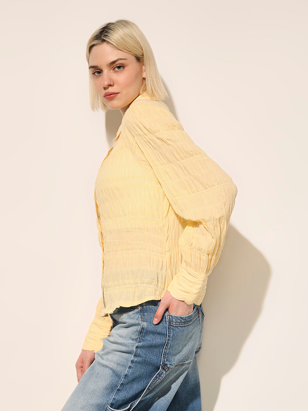 Yellow Fitted Smocked Shirt