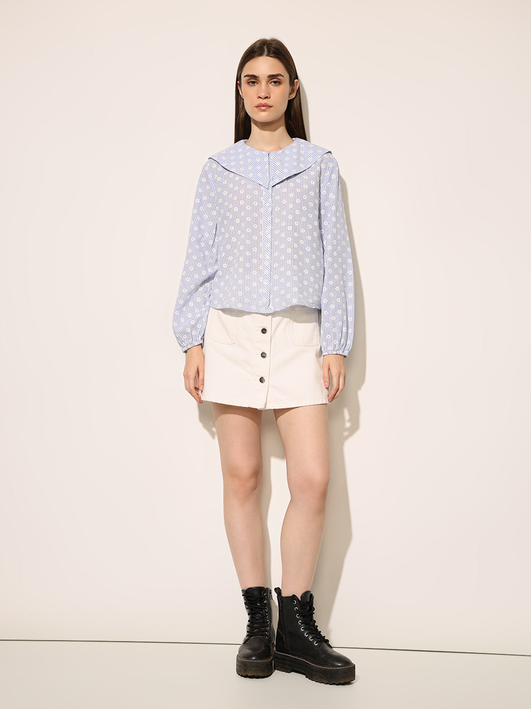 Blue Printed Peter Pan Collar Shirt
