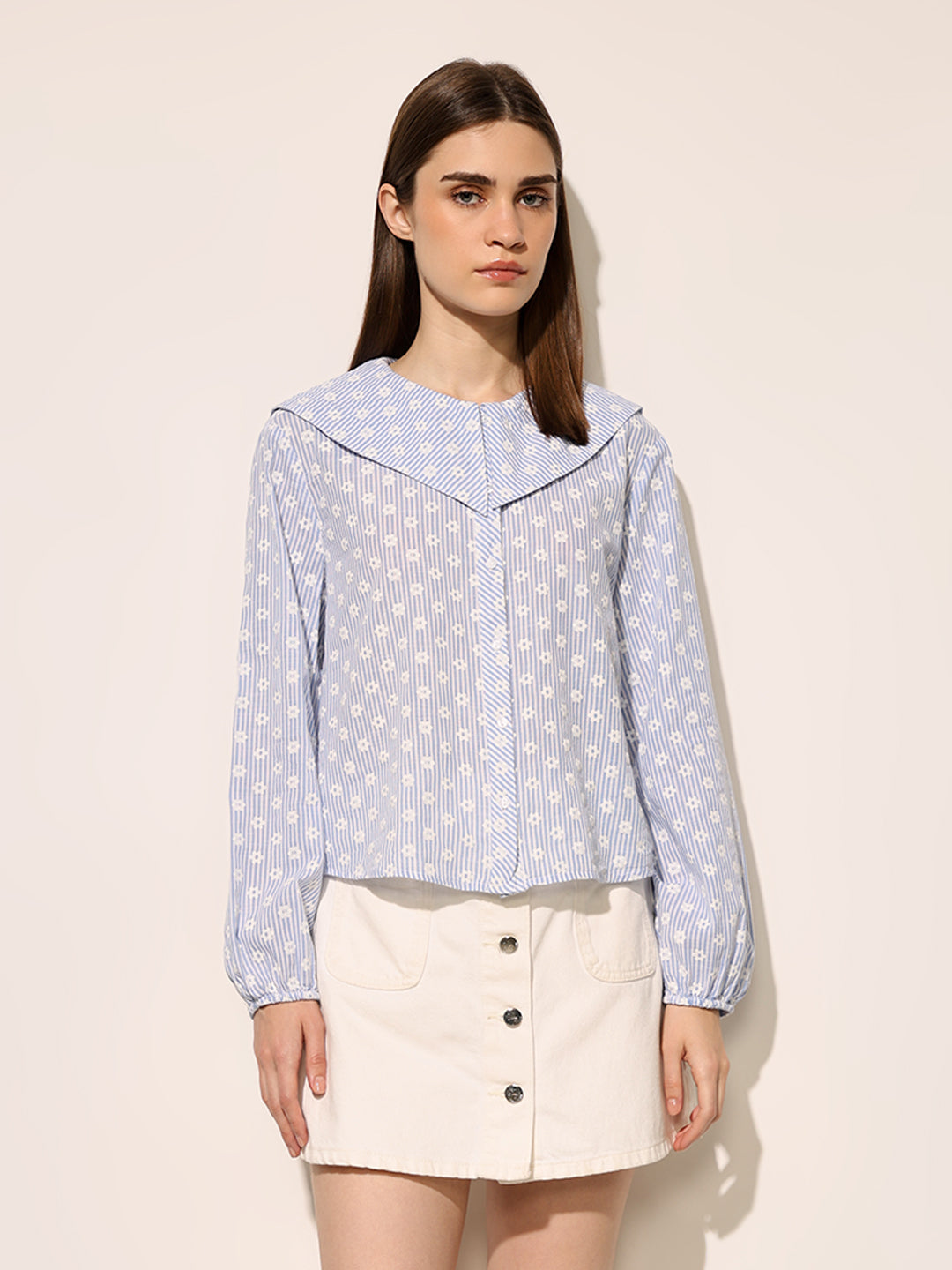 Blue Printed Peter Pan Collar Shirt