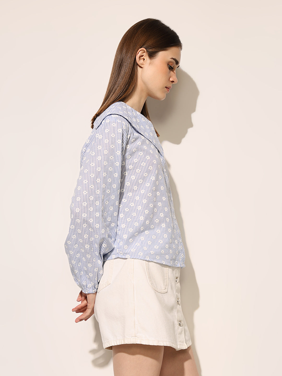 Blue Printed Peter Pan Collar Shirt