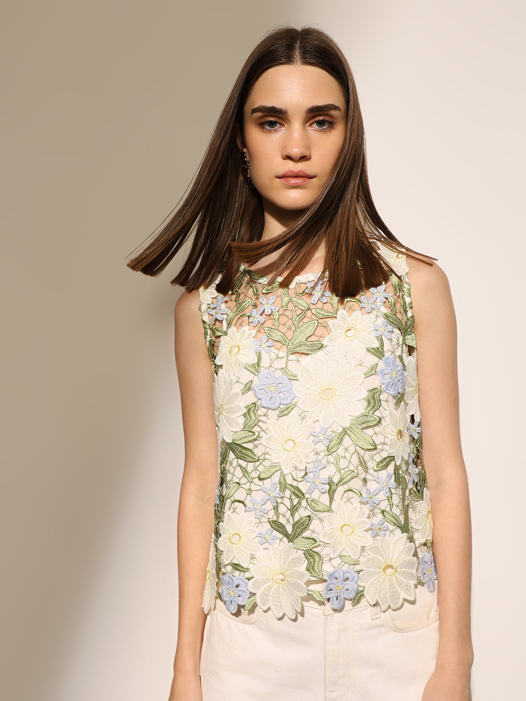 White Floral Lace Sleeveless Top
