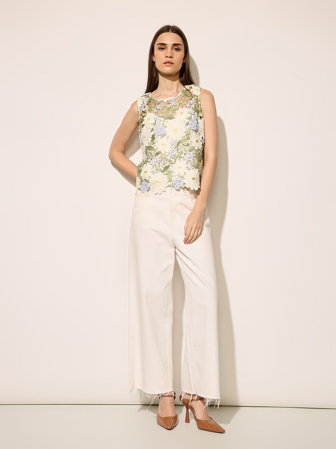 White Floral Lace Sleeveless Top