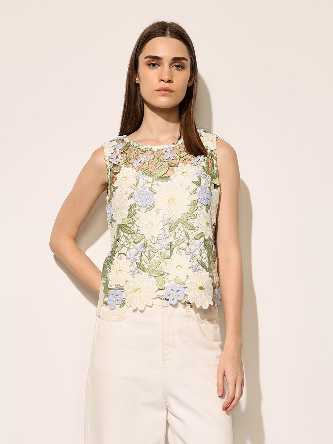 White Floral Lace Sleeveless Top