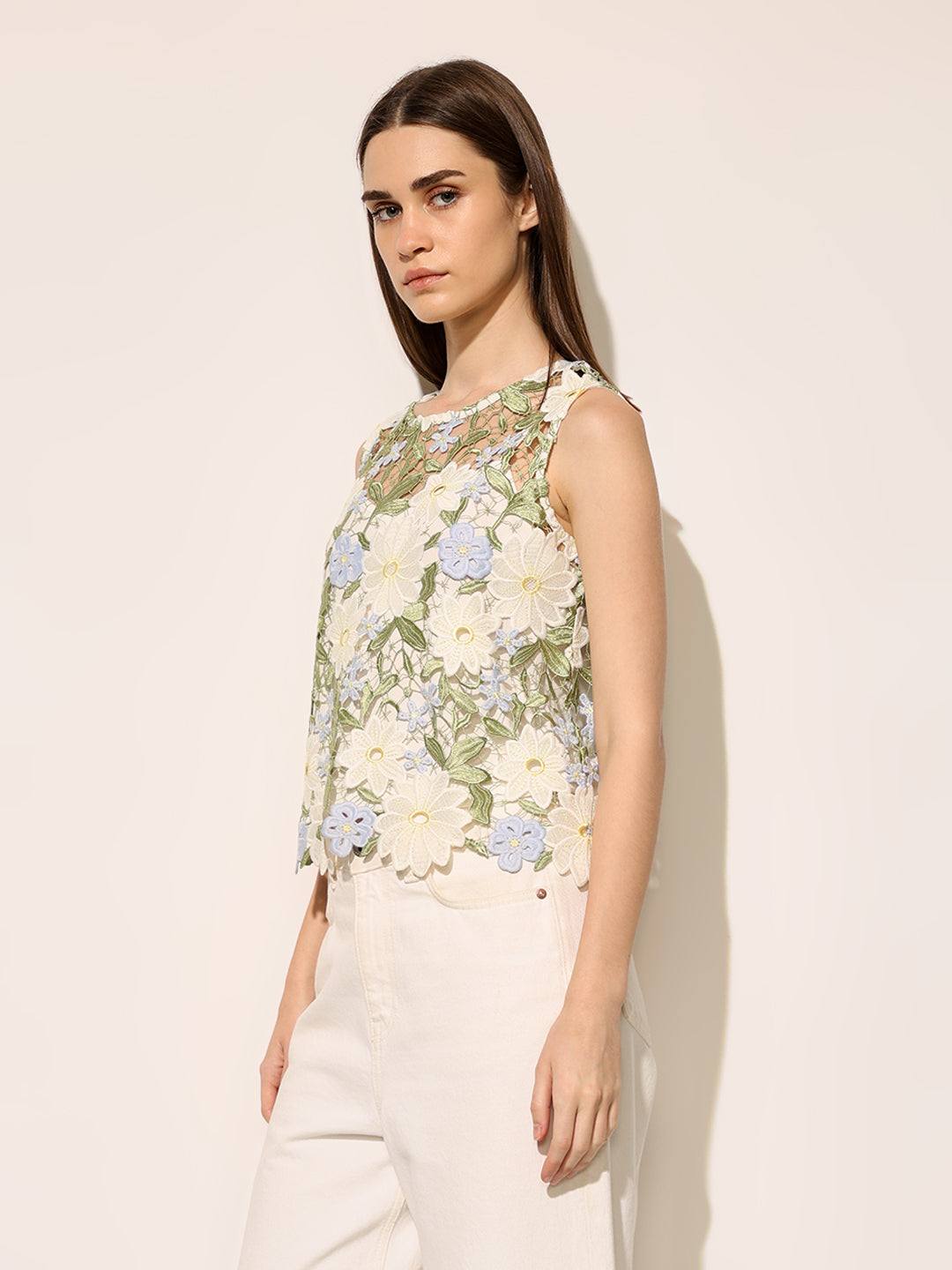 White Floral Lace Sleeveless Top