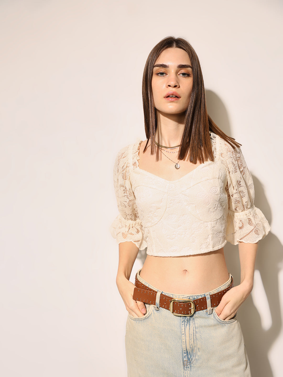 トップス Paula lacey chiffon tops beige ONLY Beige Lace Crop Top
