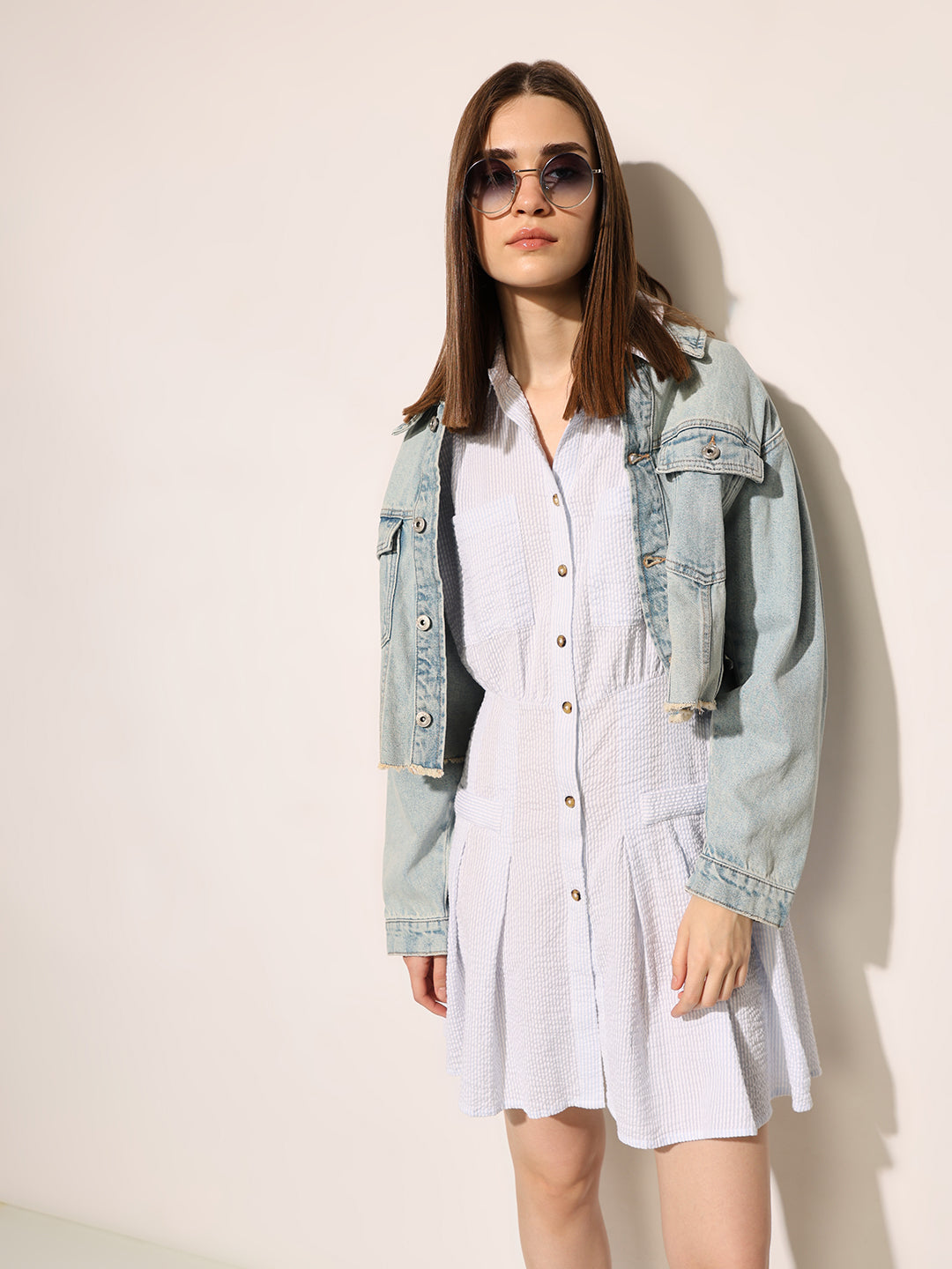 White Cuffed Sleeves Shirt Dress