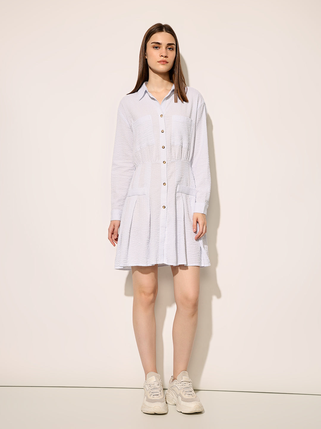 White Cuffed Sleeves Shirt Dress