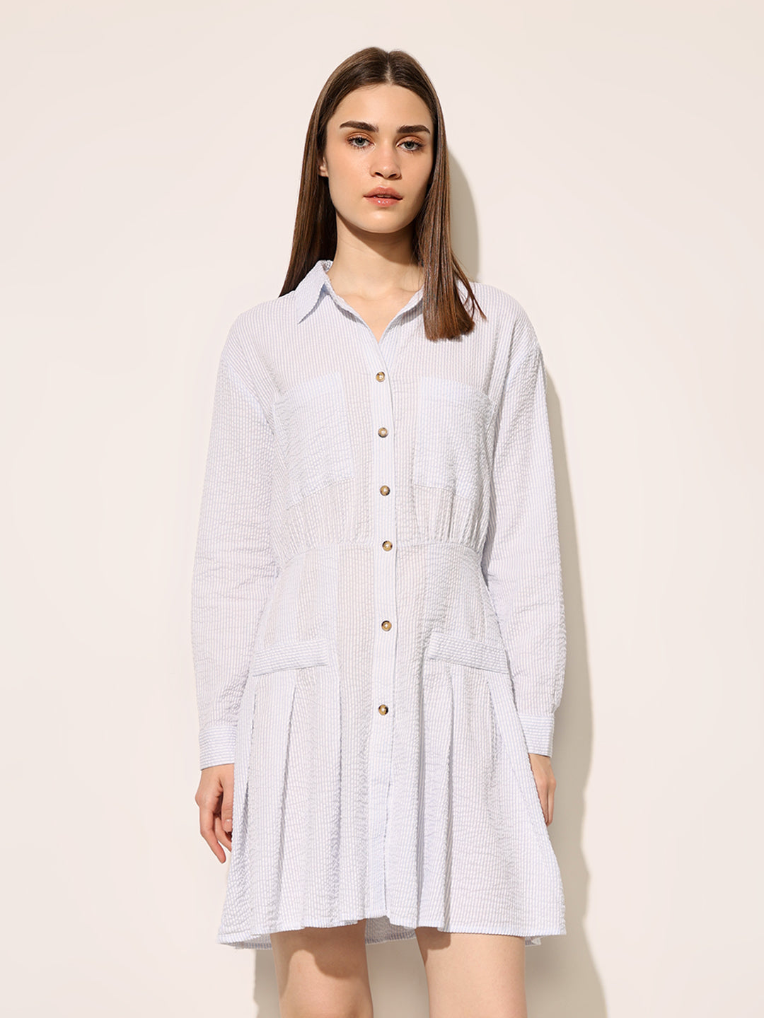 White Cuffed Sleeves Shirt Dress