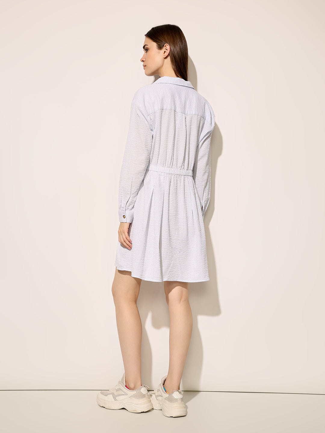 White Cuffed Sleeves Shirt Dress