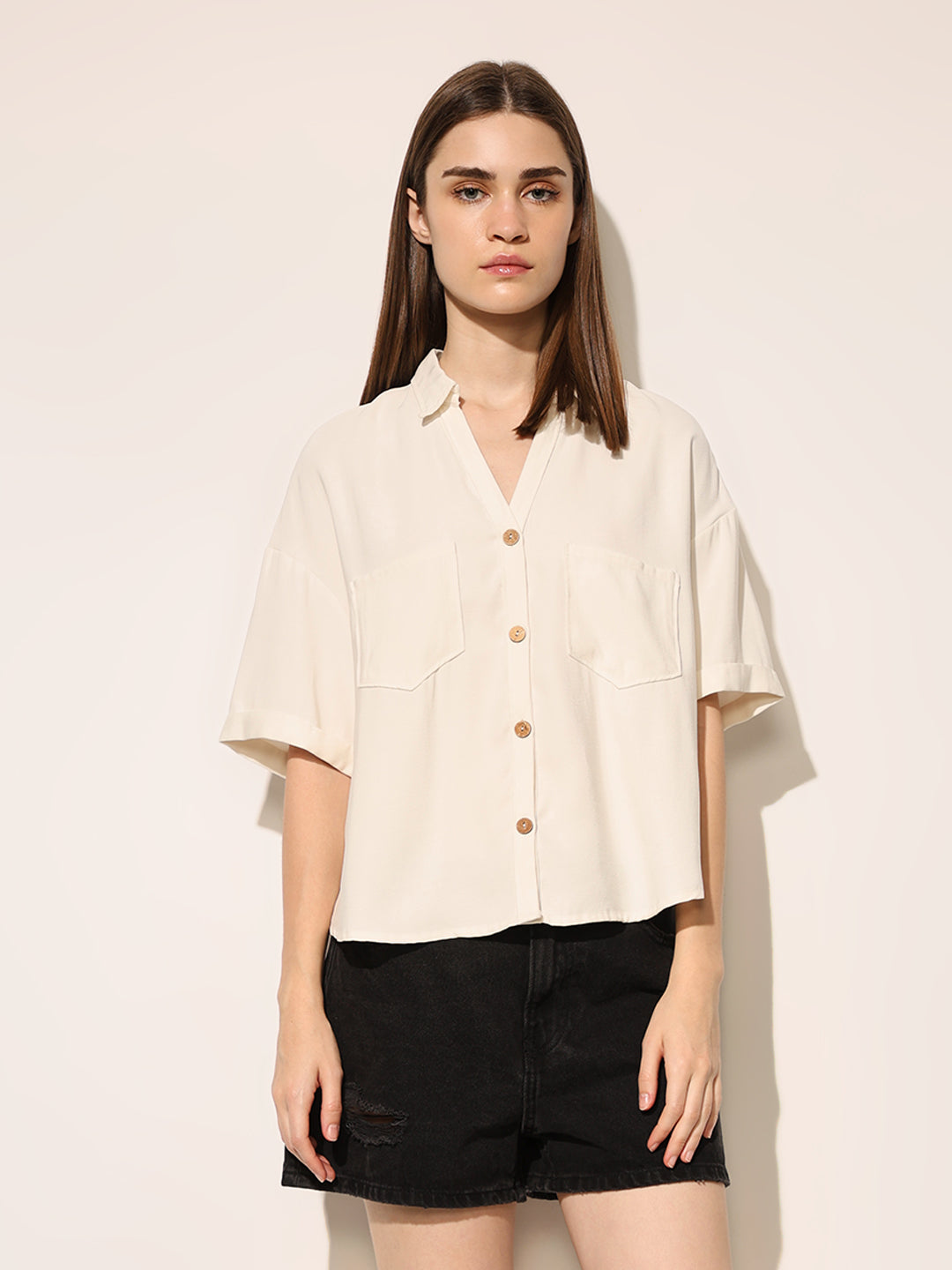 Beige Crop Boxy Fit Shirt
