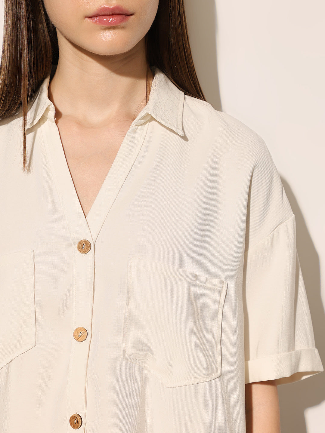 Beige Crop Boxy Fit Shirt