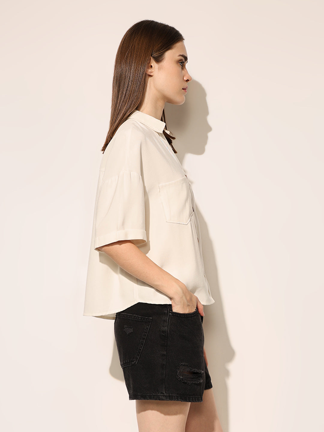 Beige Crop Boxy Fit Shirt