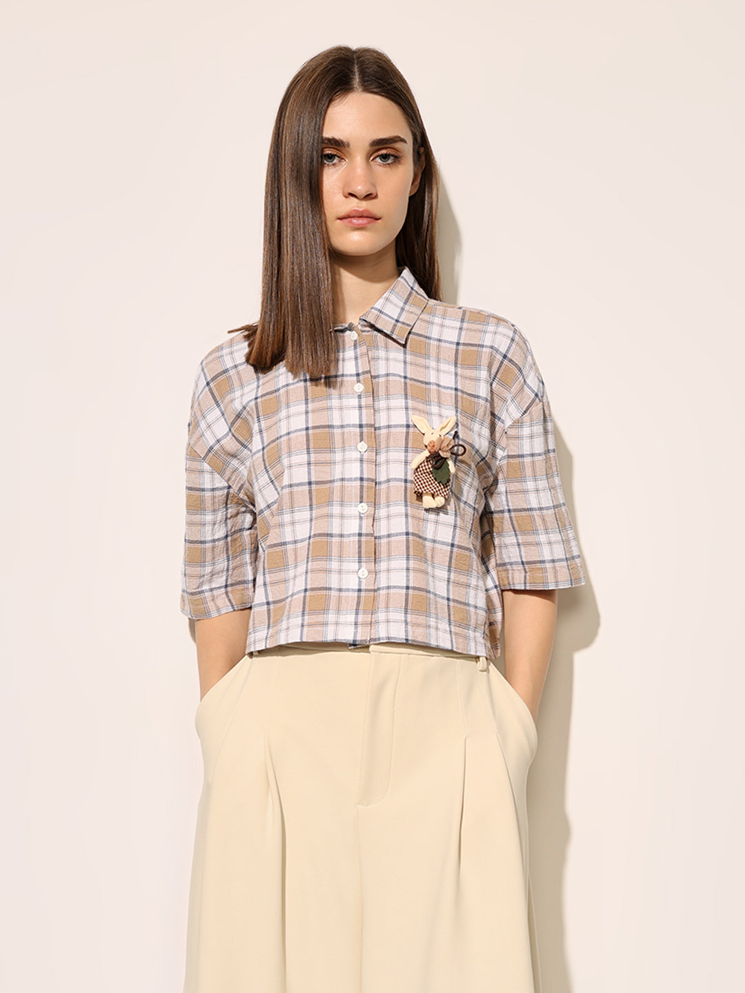 Beige Check Print Cropped Shirt