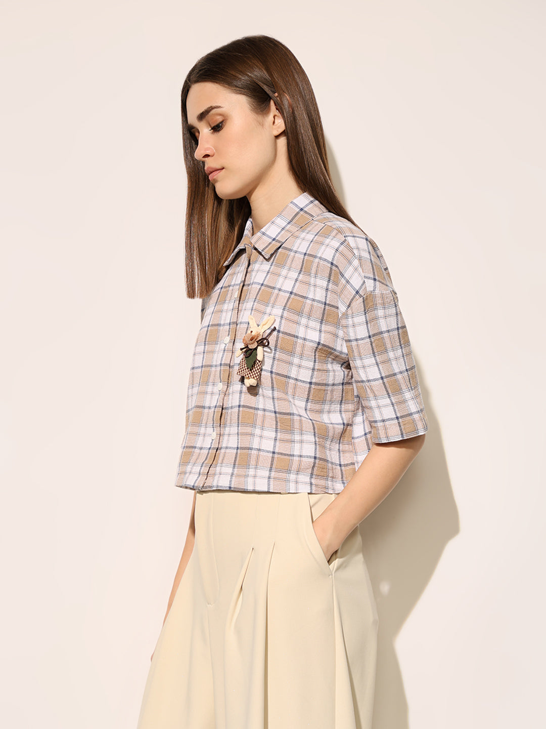 Beige Check Print Cropped Shirt