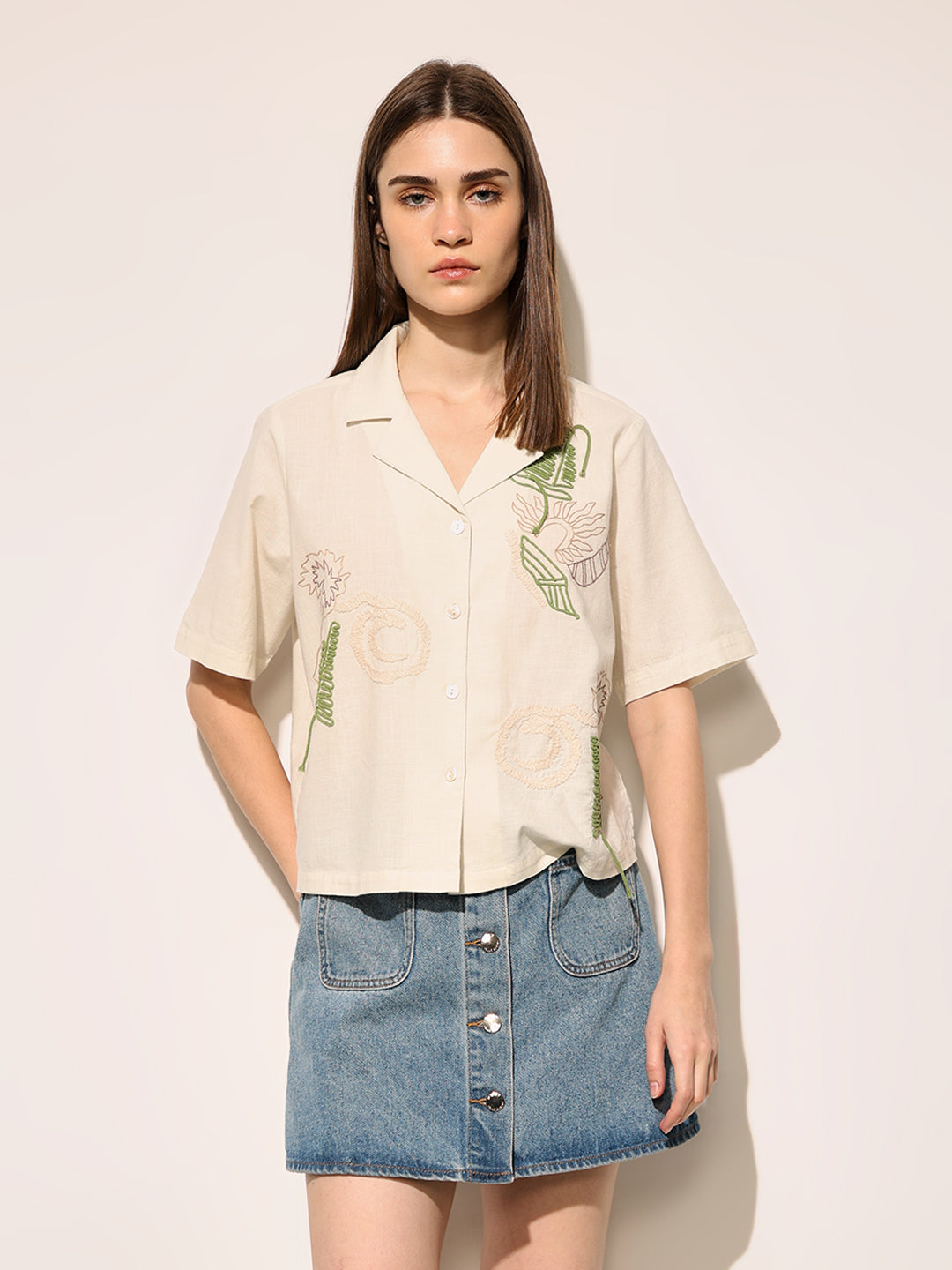 Beige Printed Boxy Fit Shirt