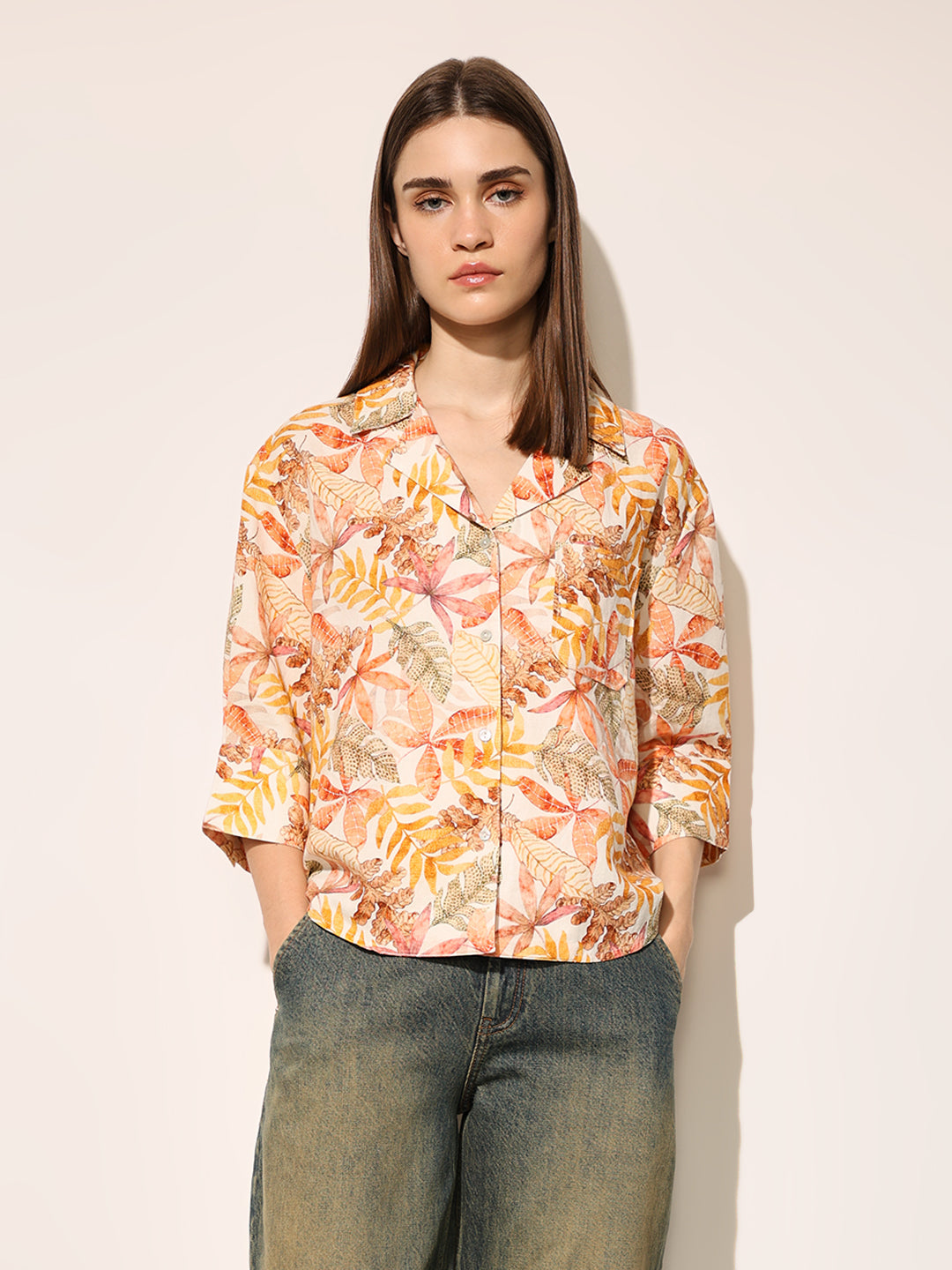 White Printed Linen Blend Shirt