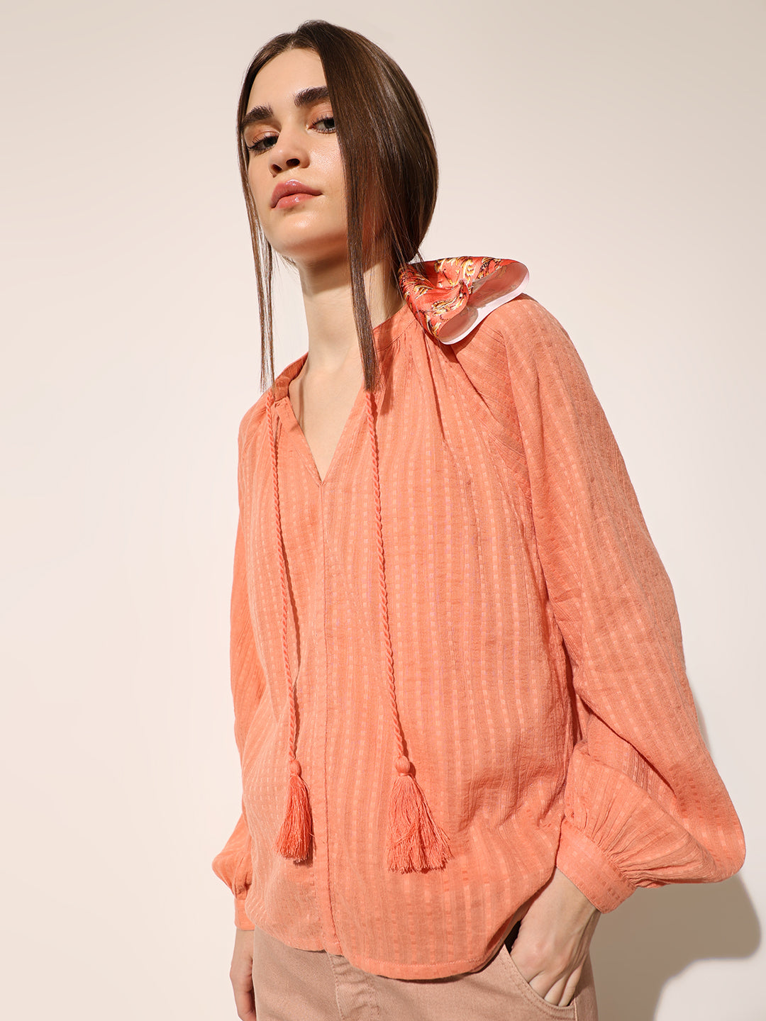 Peach Cotton Crinkle Weave Top