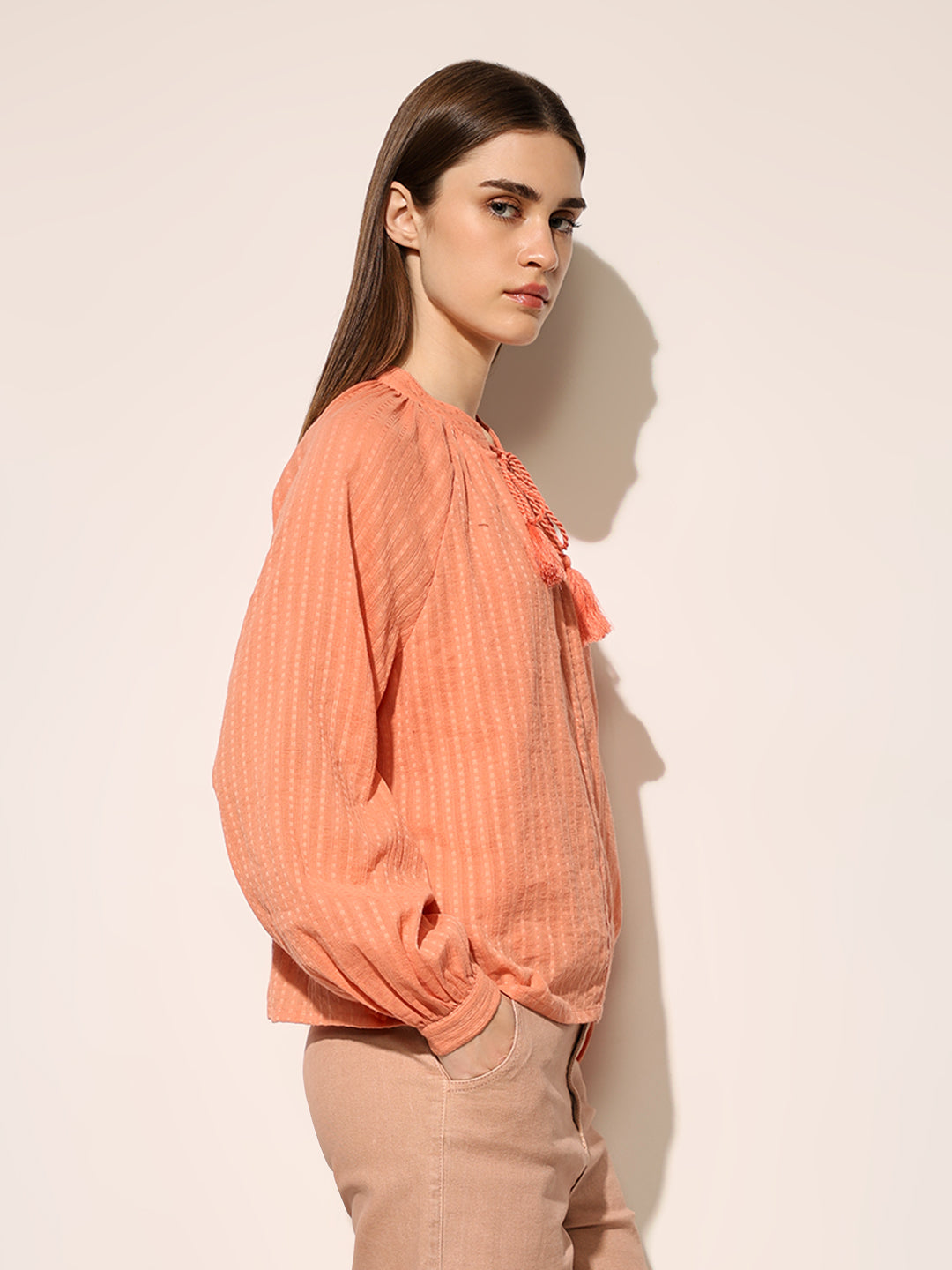 Peach Cotton Crinkle Weave Top